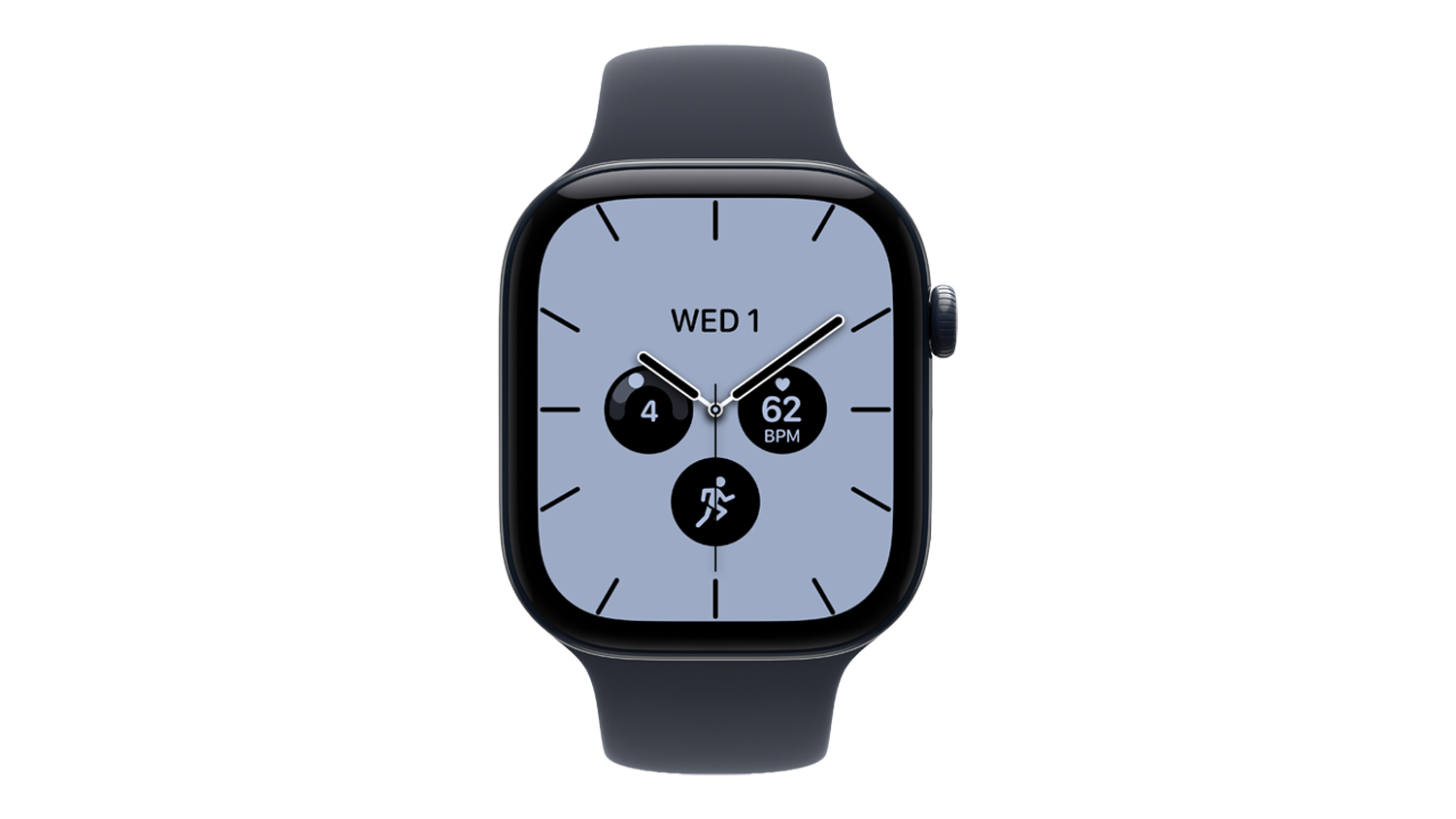 A front view of Apple Watch Series 12 46mm showing date, time, fitness tracking, heart rate, and pacing display