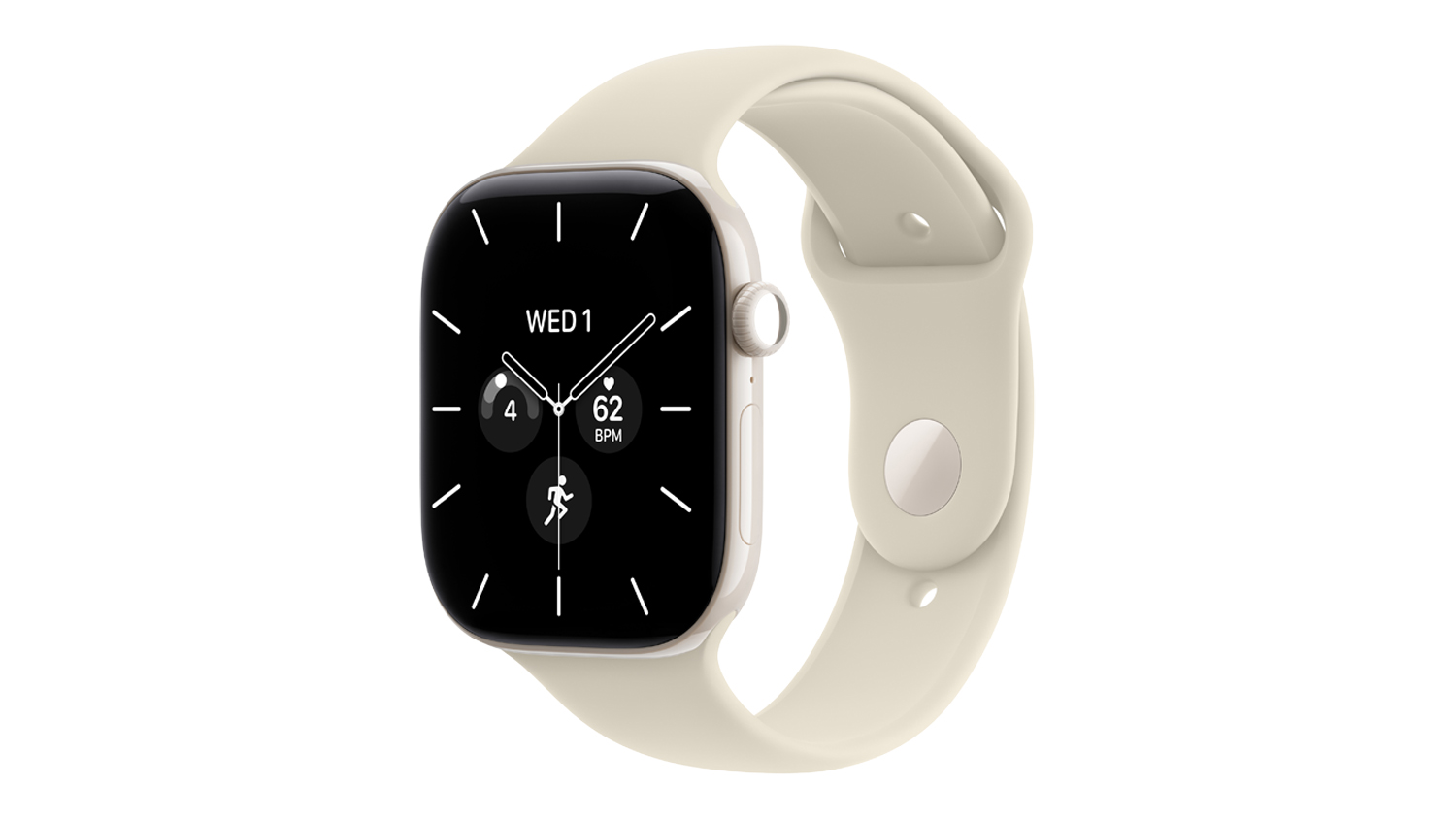 An angled view of a pearl white ceramic Apple Watch Series 12 with a sand sport band showing the digital crown and display