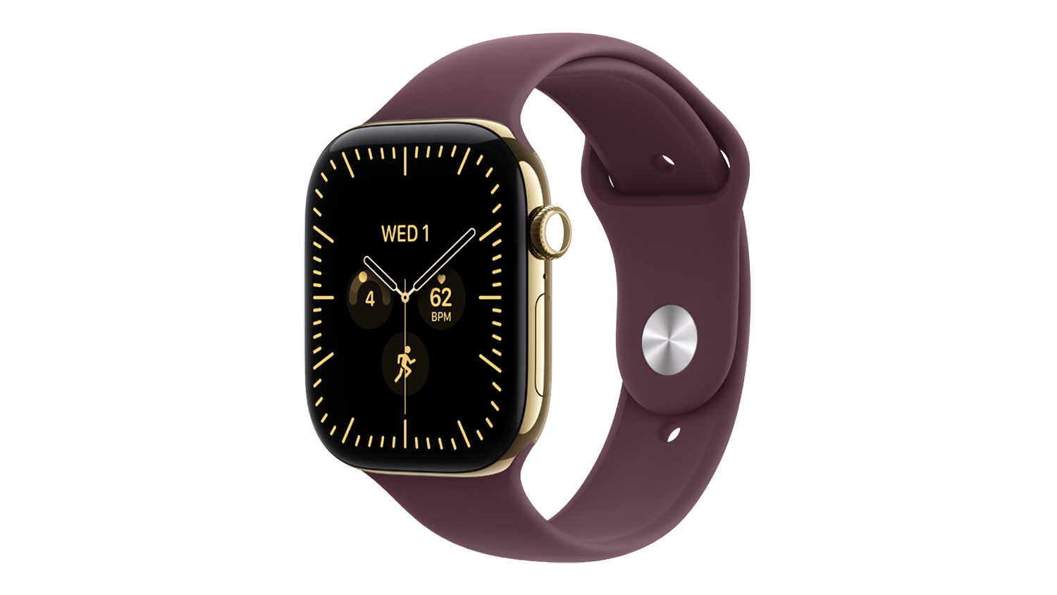 An angled view of a radiant gold titanium Apple Watch Series 12 with burgundy sport band showing digital crown and display