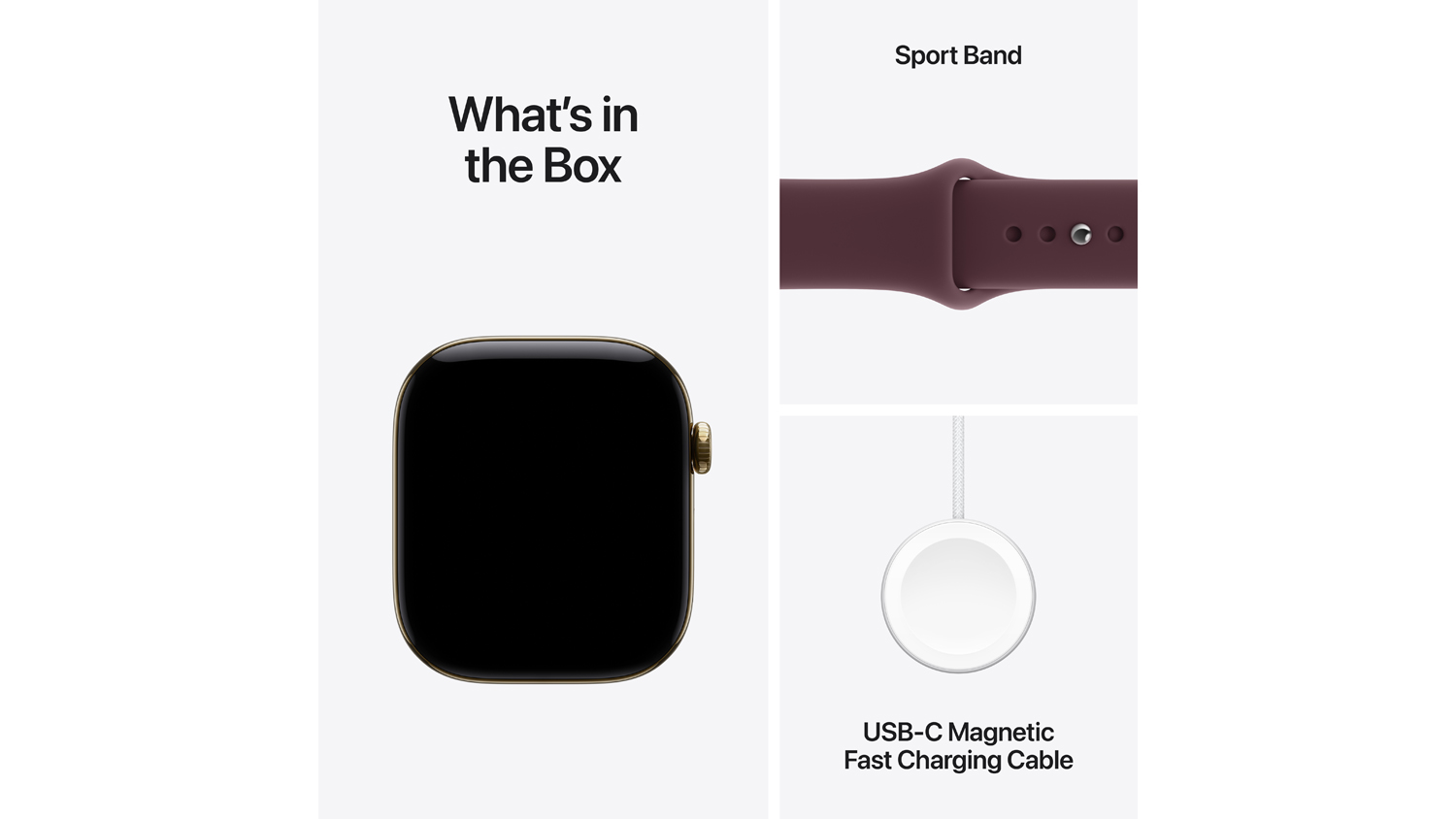 Apple Watch Series 12 box contents with navy sport band and USB-C magnetic fast charging cable