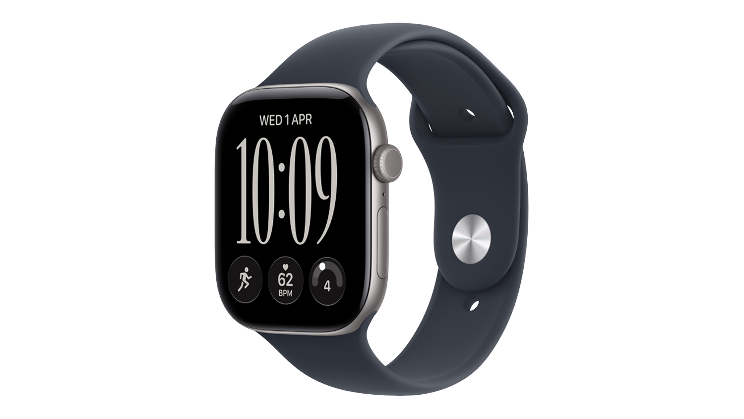 An angled view of space grey Apple Watch Series 12 with navy sport band showing digital crown and display