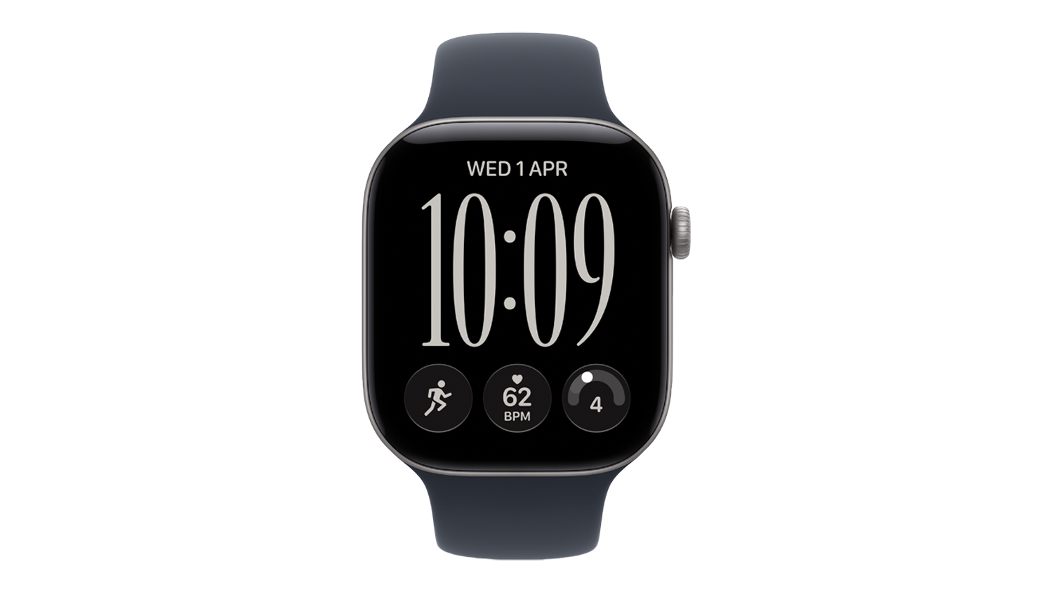 A front view of Apple Watch Series 12 46mm showing date, time, fitness tracking, heart rate, and pacing display