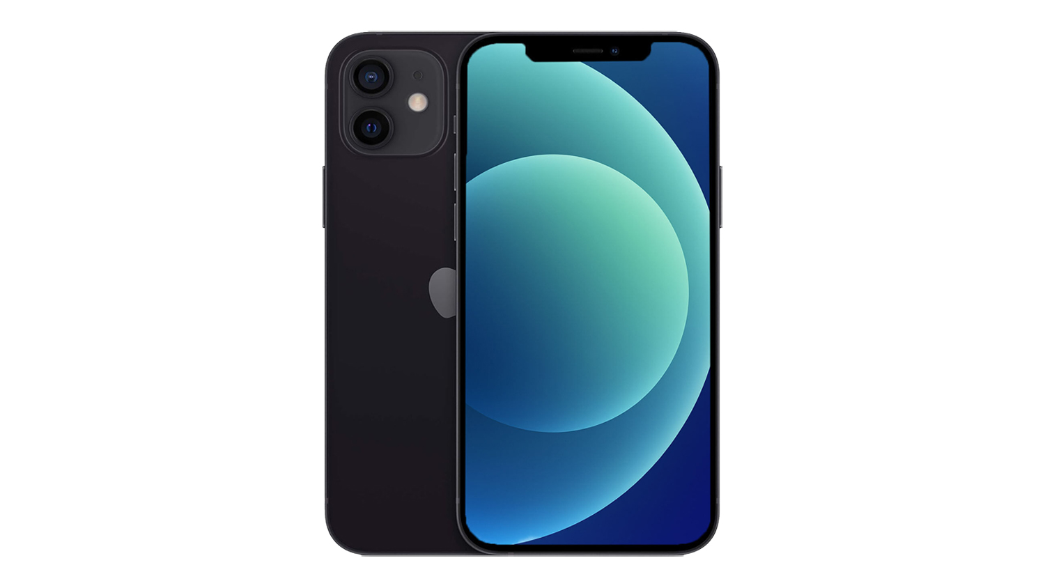 Black Apple iPhone 12 shown from the front and back, featuring a dual rear-camera design and a blue gradient wallpaper