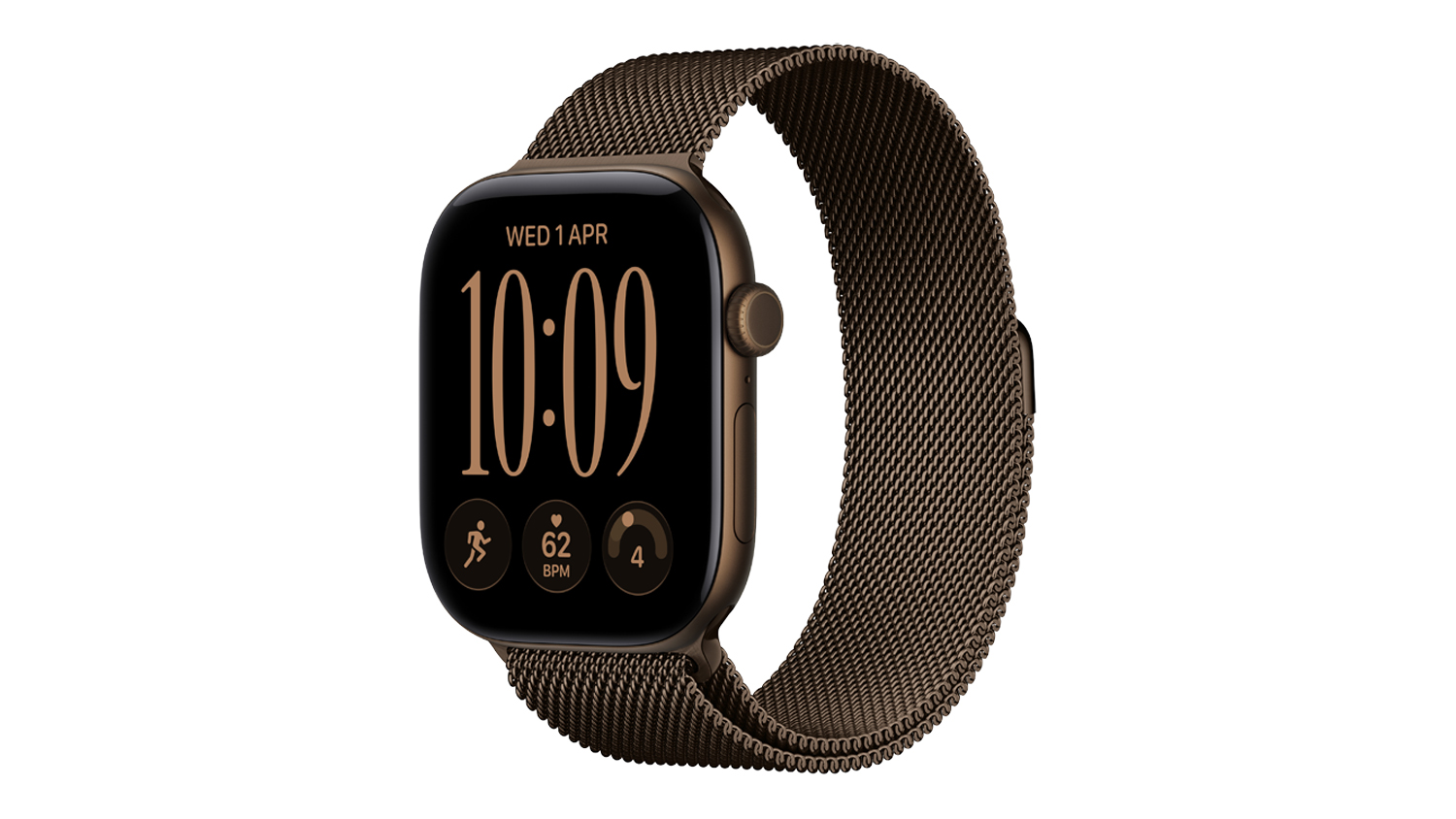 An angled view of Apple Watch Series 12 with dark bronze Milanese sport band showing digital crown and display