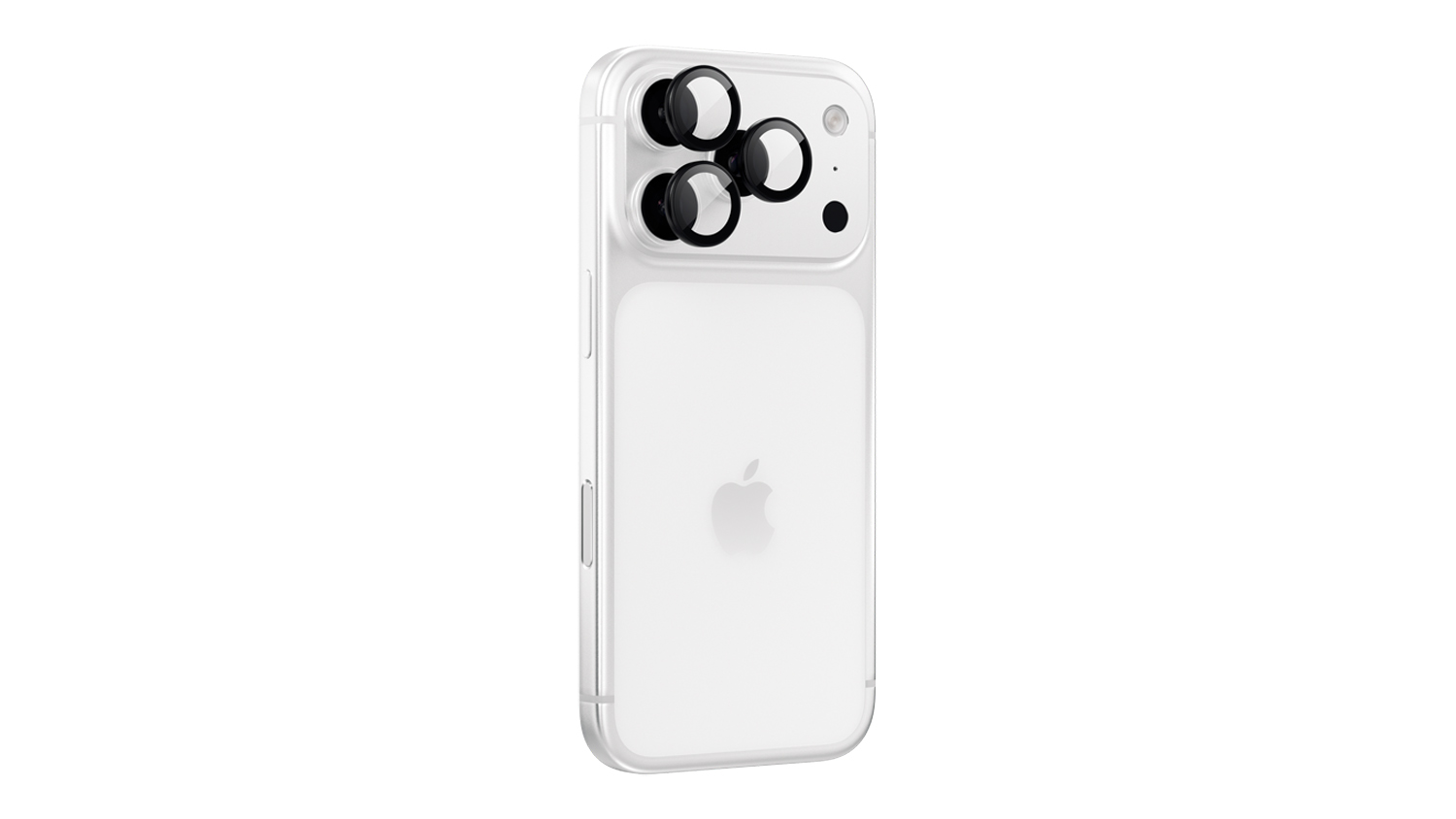 Rear view of an iPhone fitted with three black camera lens protection rings, showing individual lens covers