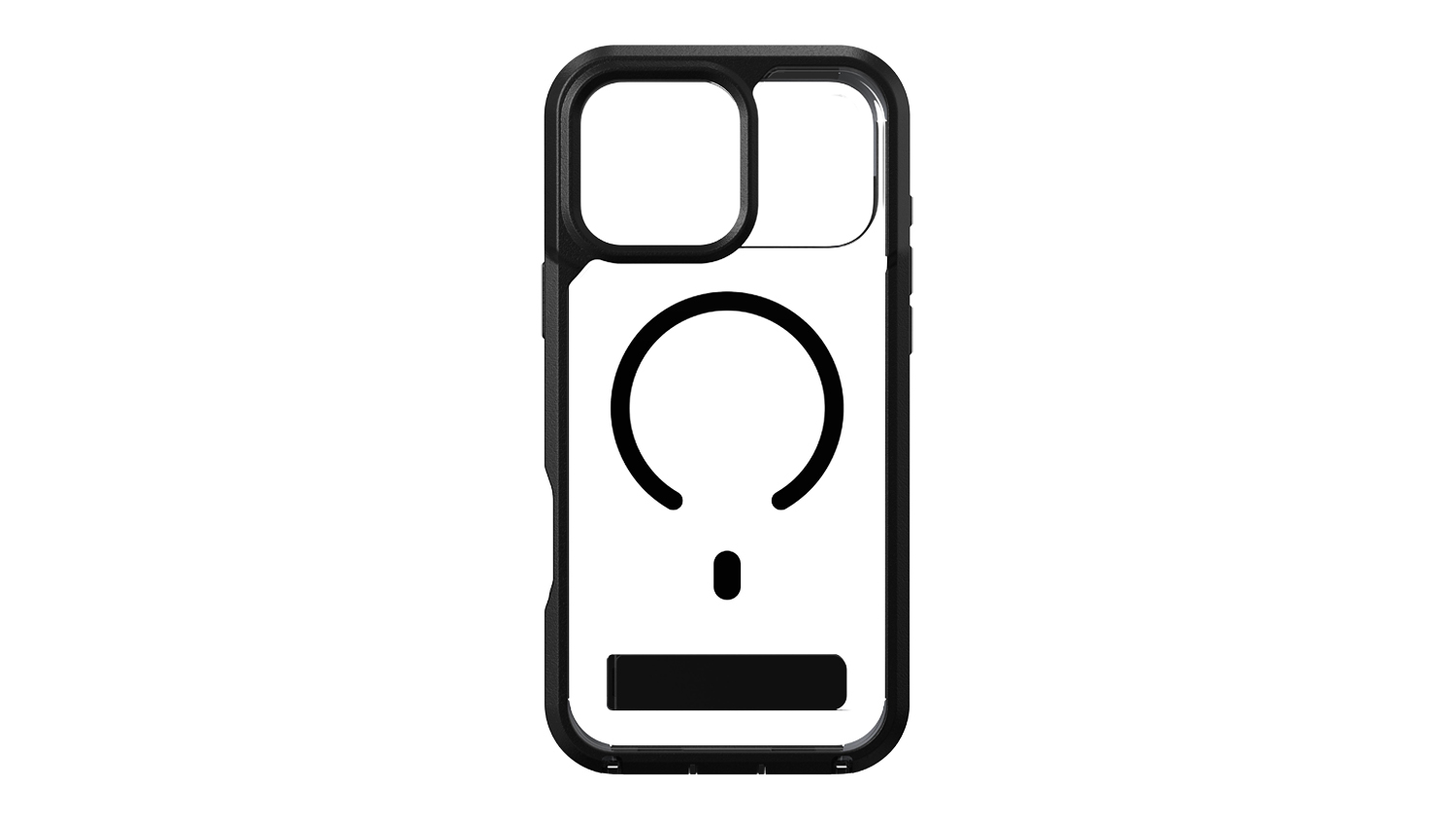 Front view of Zagg Rainier Snap KickStand Case in black, featuring a clear back panel and reinforced black bumper