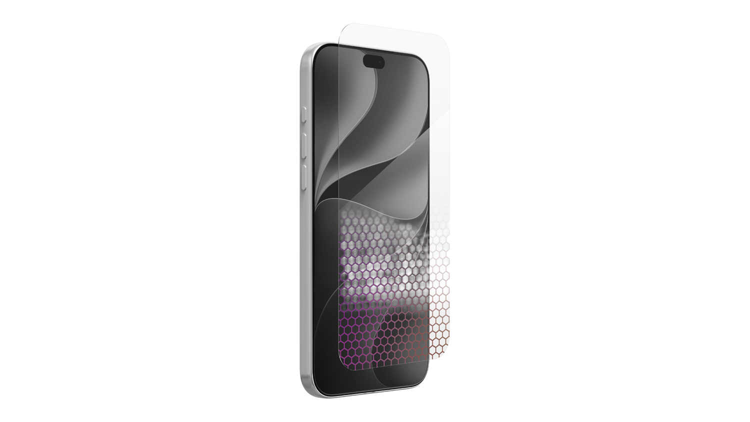 Angled view of an iPhone fitted with the Zagg Glass XTR6 screen protector, highlighting the clear tempered glass