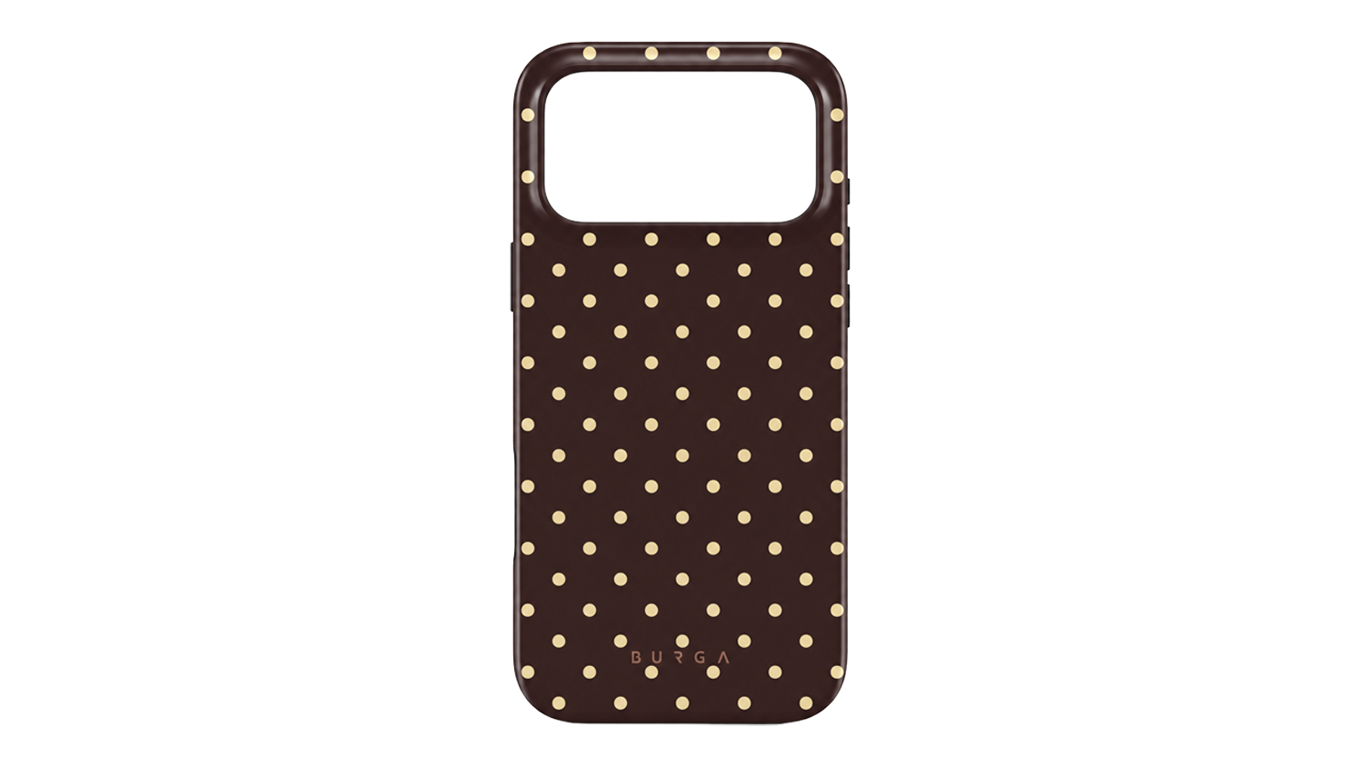 Burga Tough MagSafe Case for iPhone 18 Pro Brown phone case with cream polka dot pattern, and glossy finish