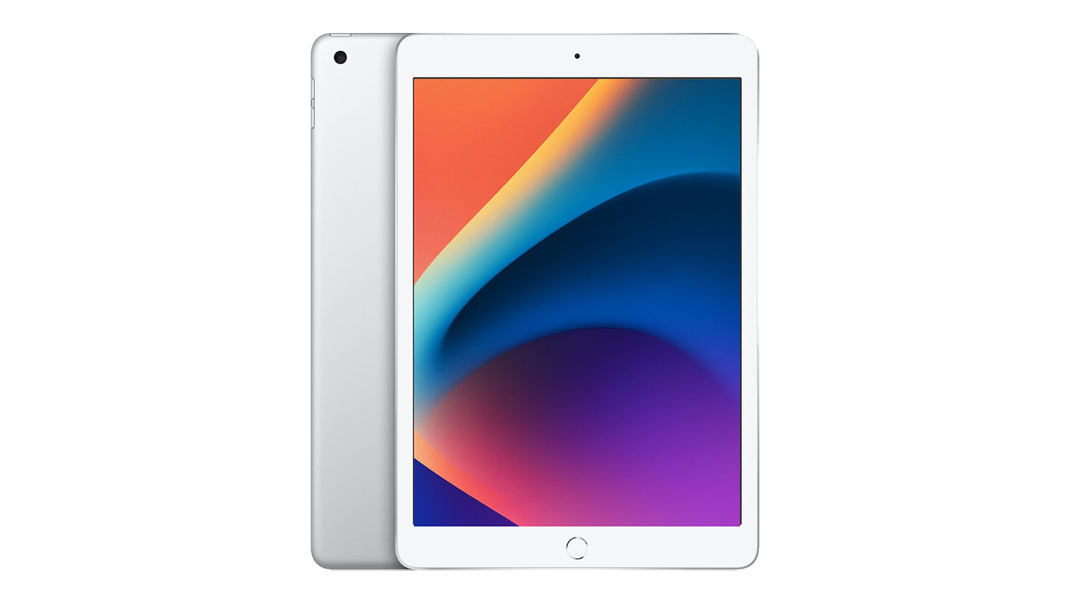 Front and back view of a silver 8th Gen Apple iPad 10.2" with a colourful abstract wallpaper