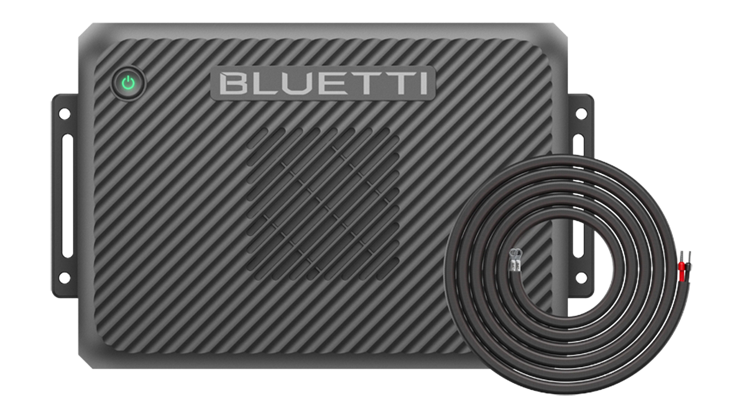 Bluetti Charger 2 alternator charger with bundled connection cable, featuring a compact dark grey housing