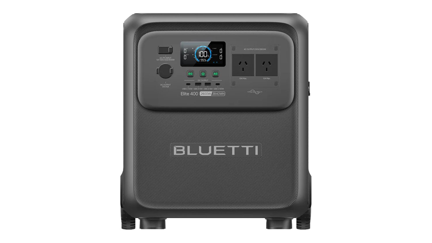 Front view of the Bluetti Elite 400 portable power station, featuring a digital display and control panel with multiple ports