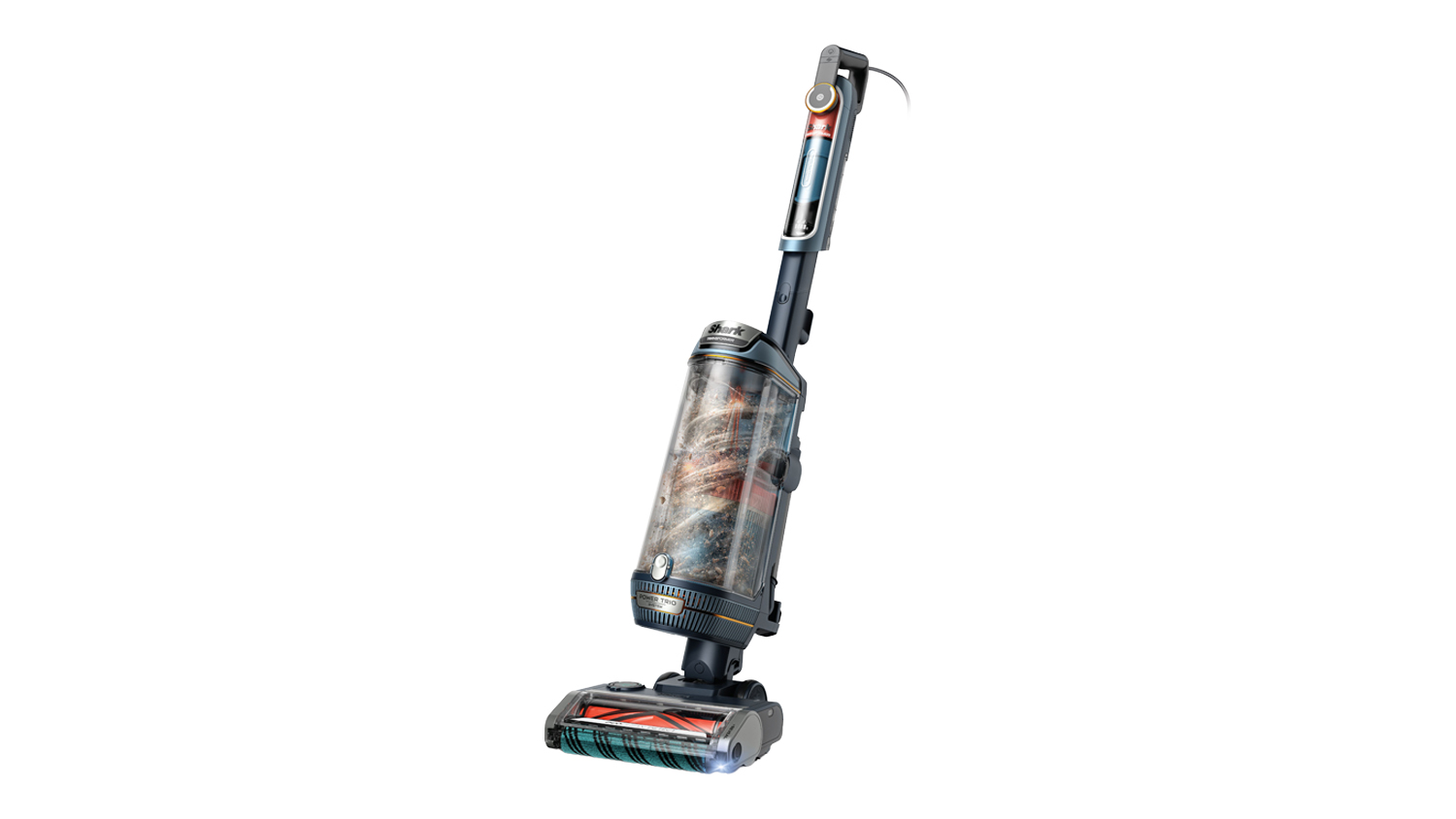 An angled front view of a transformer upright vacuum cleaner in grey finish with transparent dust bin and brush roll
