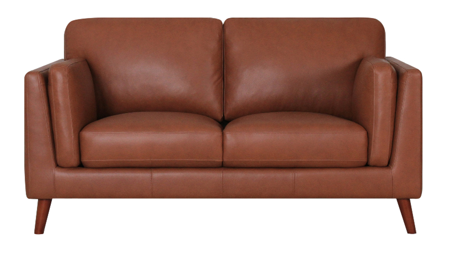 Tan leather two-seater sofa with boxy arms, two seat cushions and tapered wooden legs