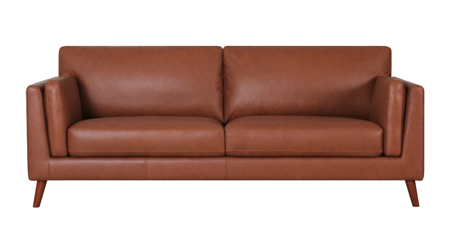 Tan leather three-seater sofa with boxy arms, two seat cushions and tapered wooden legs