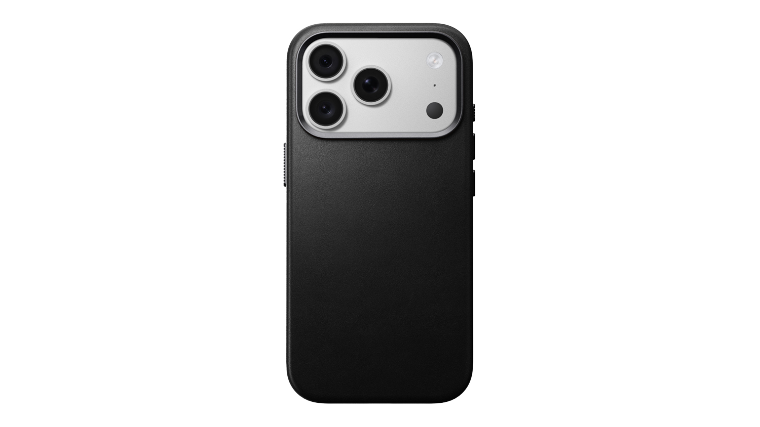 A black Nomad MagSafe leather case on iPhone 18 Pro showing camera bump cutout