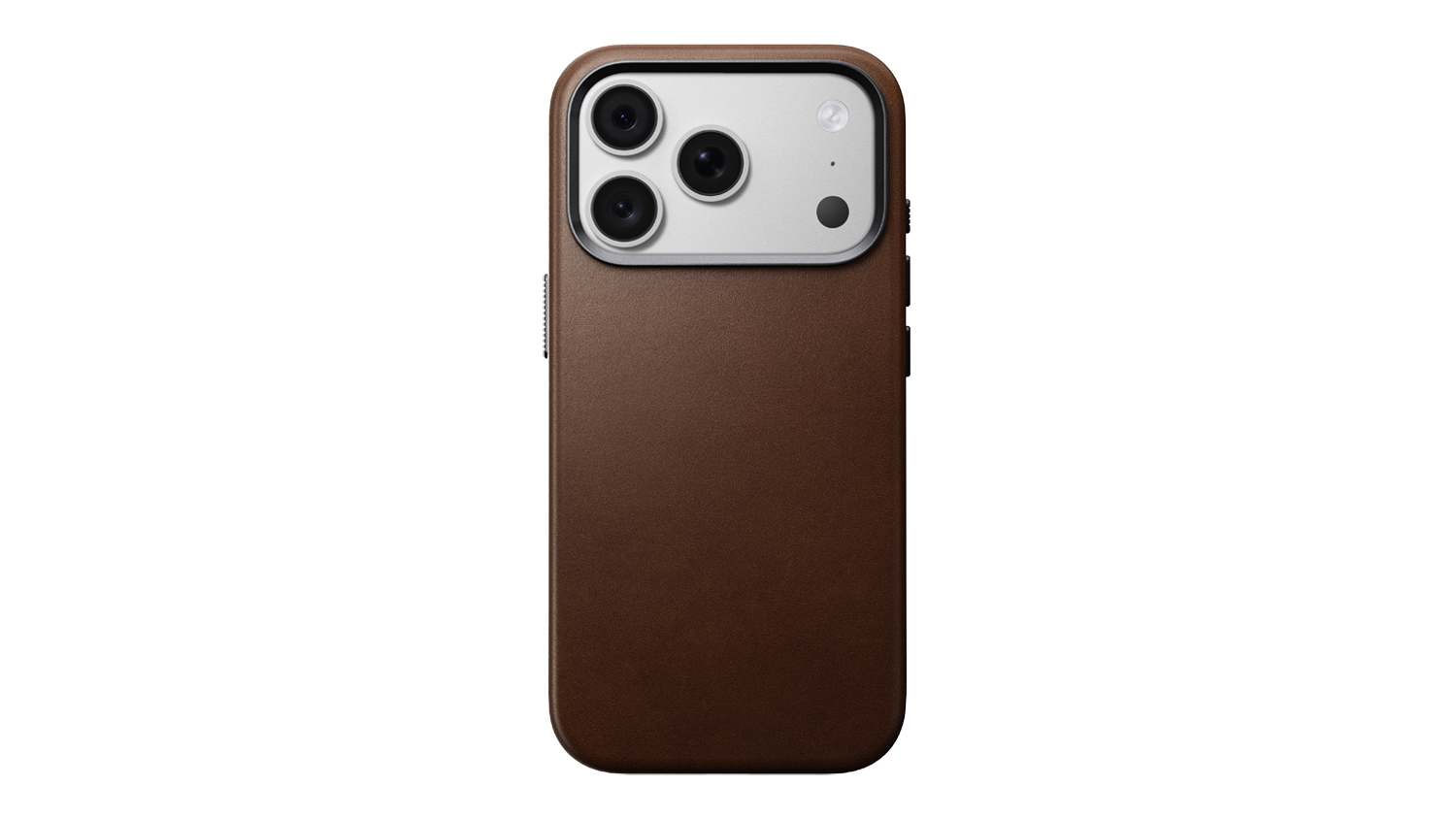 A rustic brown Nomad MagSafe leather case on iPhone 18 Pro showing camera bump cutout