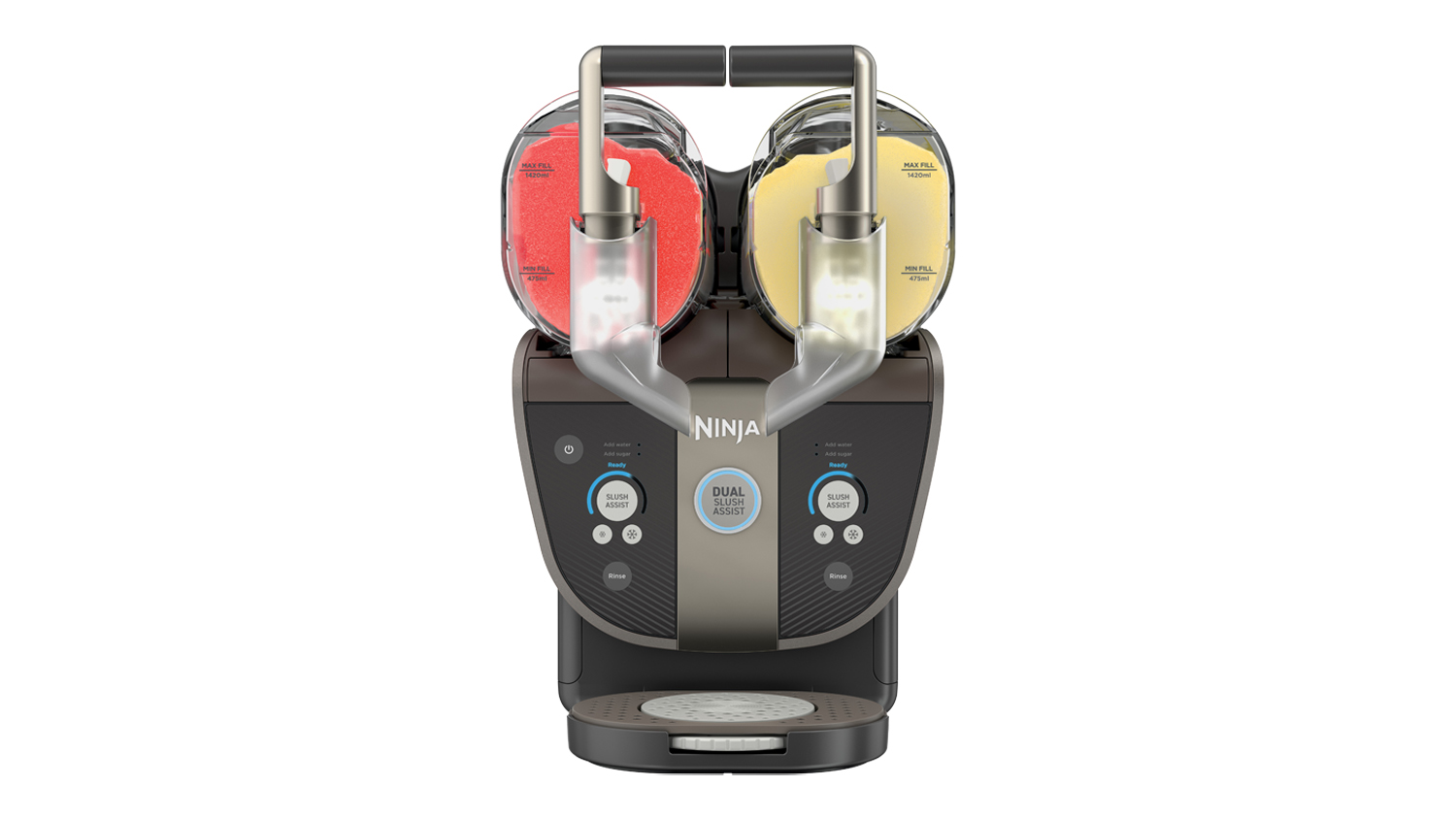 A front view of the Ninja Dual Slush Assist frozen drink maker in dual clear chambers with red and yellow slush mixes