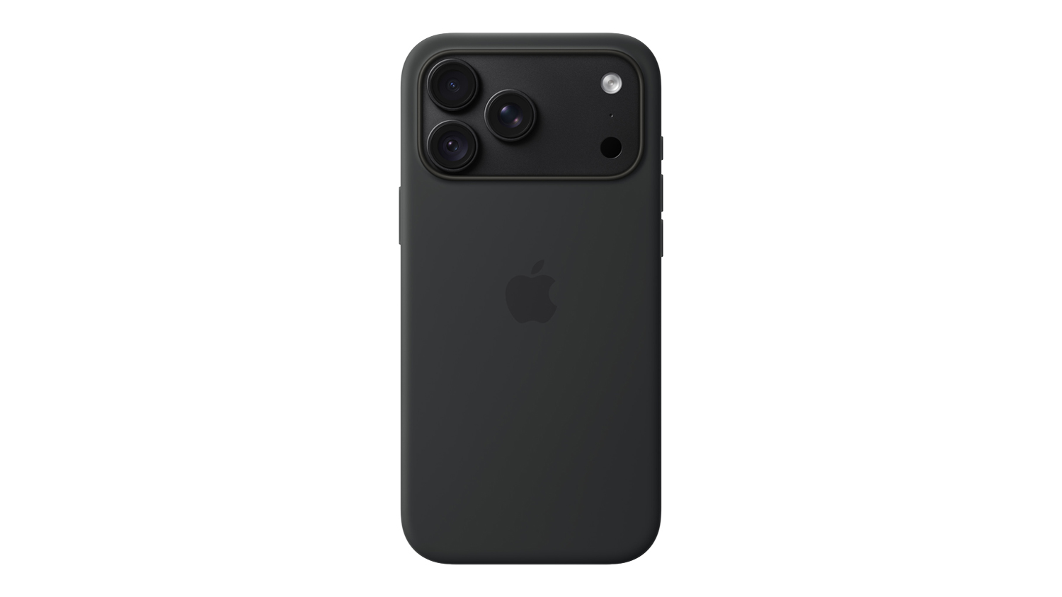 Rear view of a black Apple Silicone Case with MagSafe for iPhone 18 Pro Max, featuring a matte finish and raised camera surround