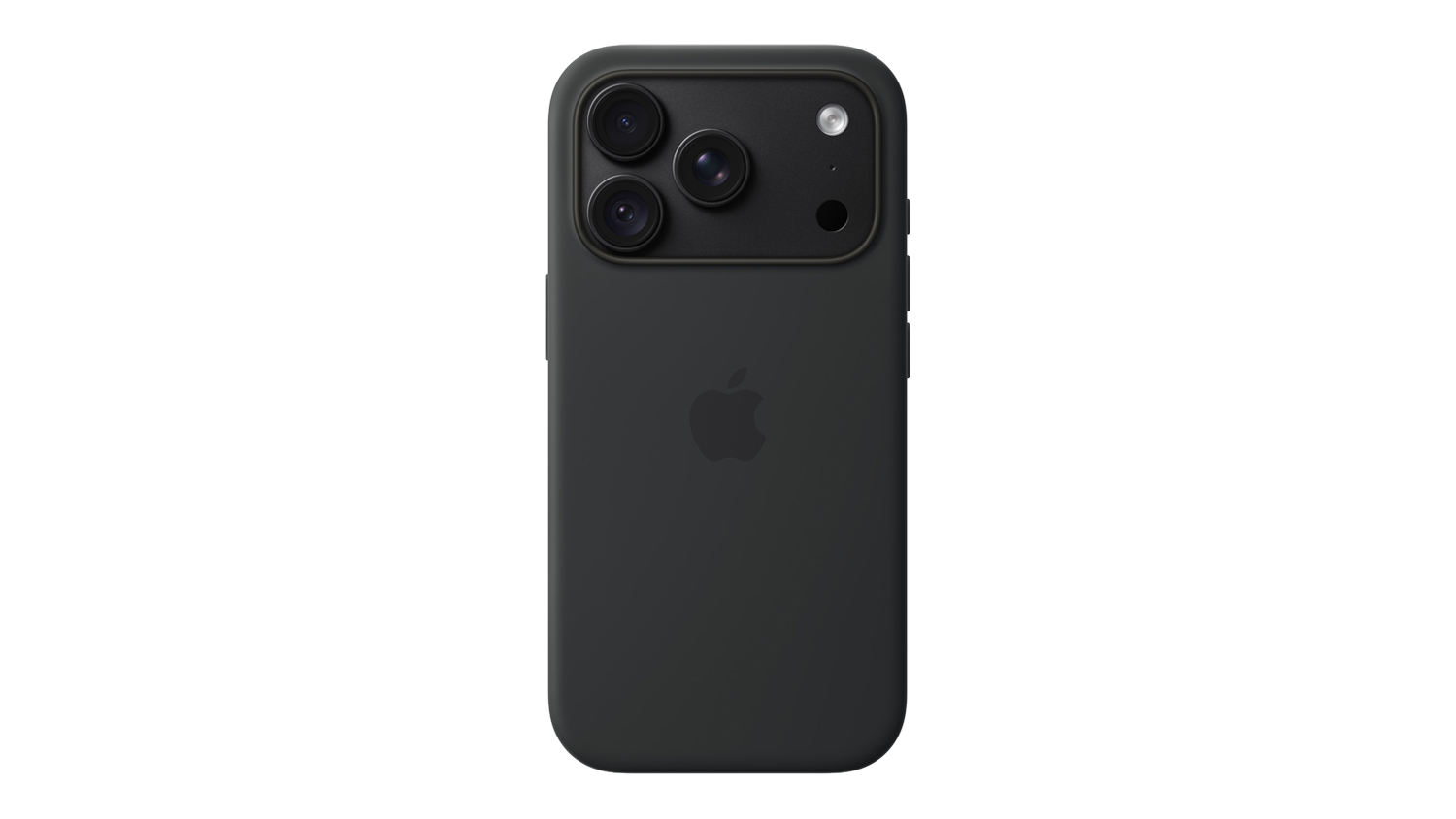 Rear view of a black Apple Silicone Case with MagSafe for iPhone 18 Pro with an integrated camera cutout and a smooth matte finish
