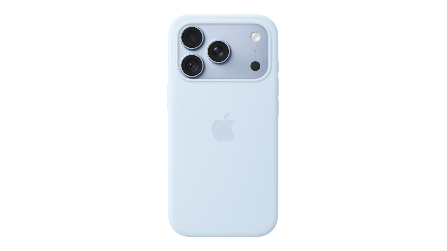 Rear view of a Crisp Blue Apple Silicone Case with MagSafe for iPhone 18 Pro, featuring a full camera surround and a matte finish, fitted on a smartphone