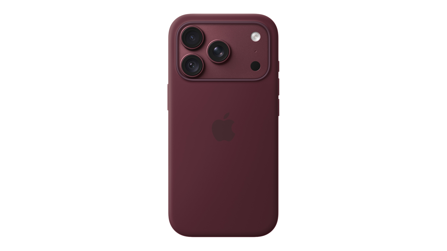 Rear view of a burgundy Apple Silicone Case with MagSafe for iPhone 18 Pro with a full camera surround and matte finish, fitted on a smartphone