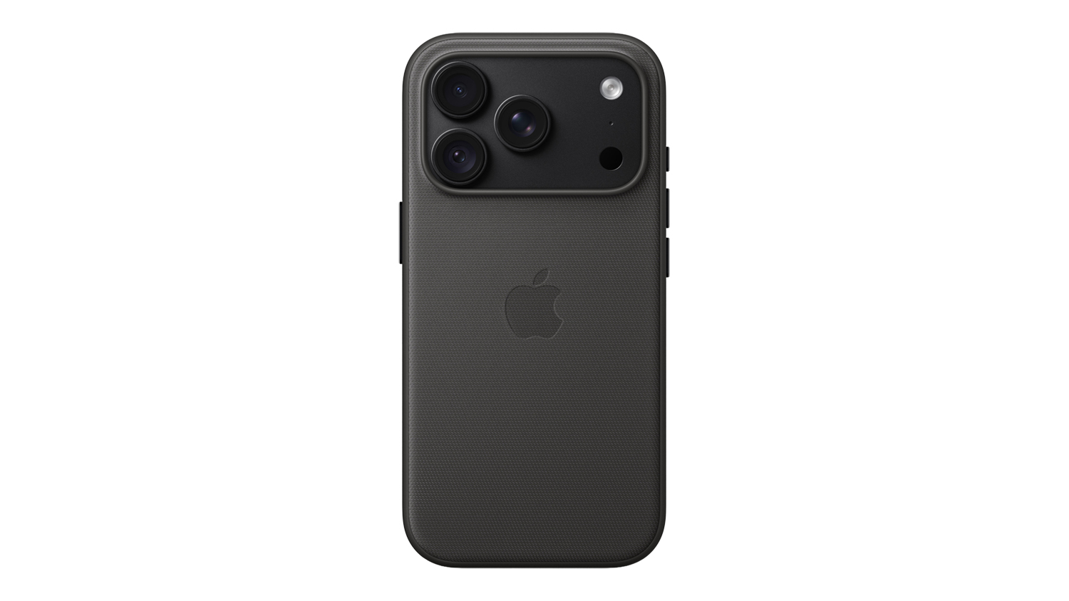 Rear view of a black textured Apple TechWoven Case with MagSafe for iPhone 18 Pro with an oversized triple-camera cutout and slim button covers