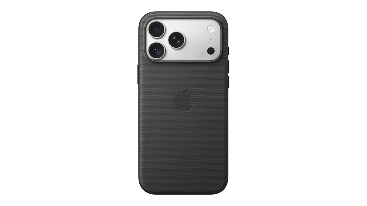 Rear view of a black Apple TechWoven Case with MagSafe for iPhone 18 Pro Max, featuring a textured finish and raised triple-camera cutout