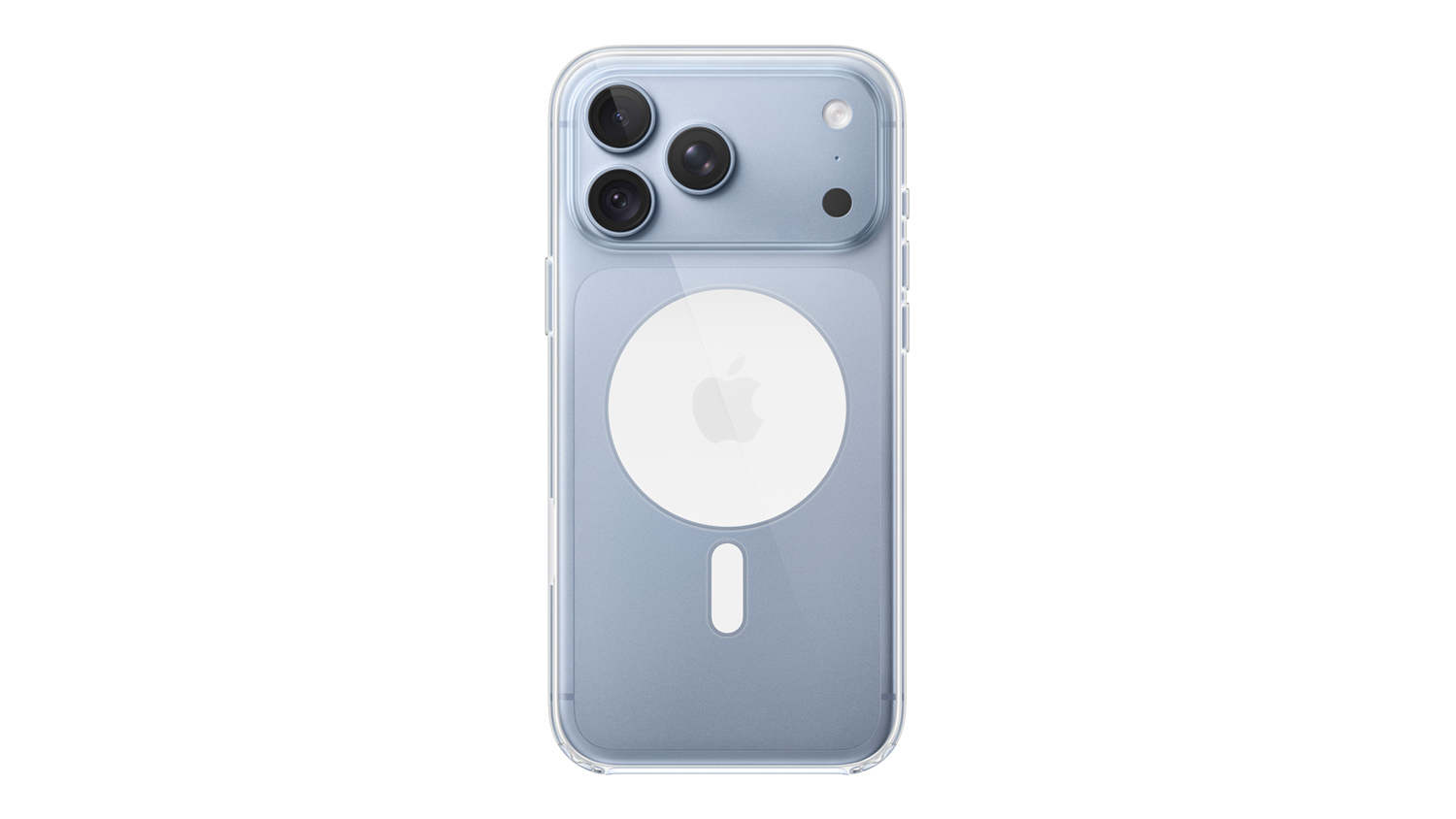 Rear view of a clear Apple Case with MagSafe for iPhone 18 Pro Max on a light blue phone with a transparent finish and magnetic ring