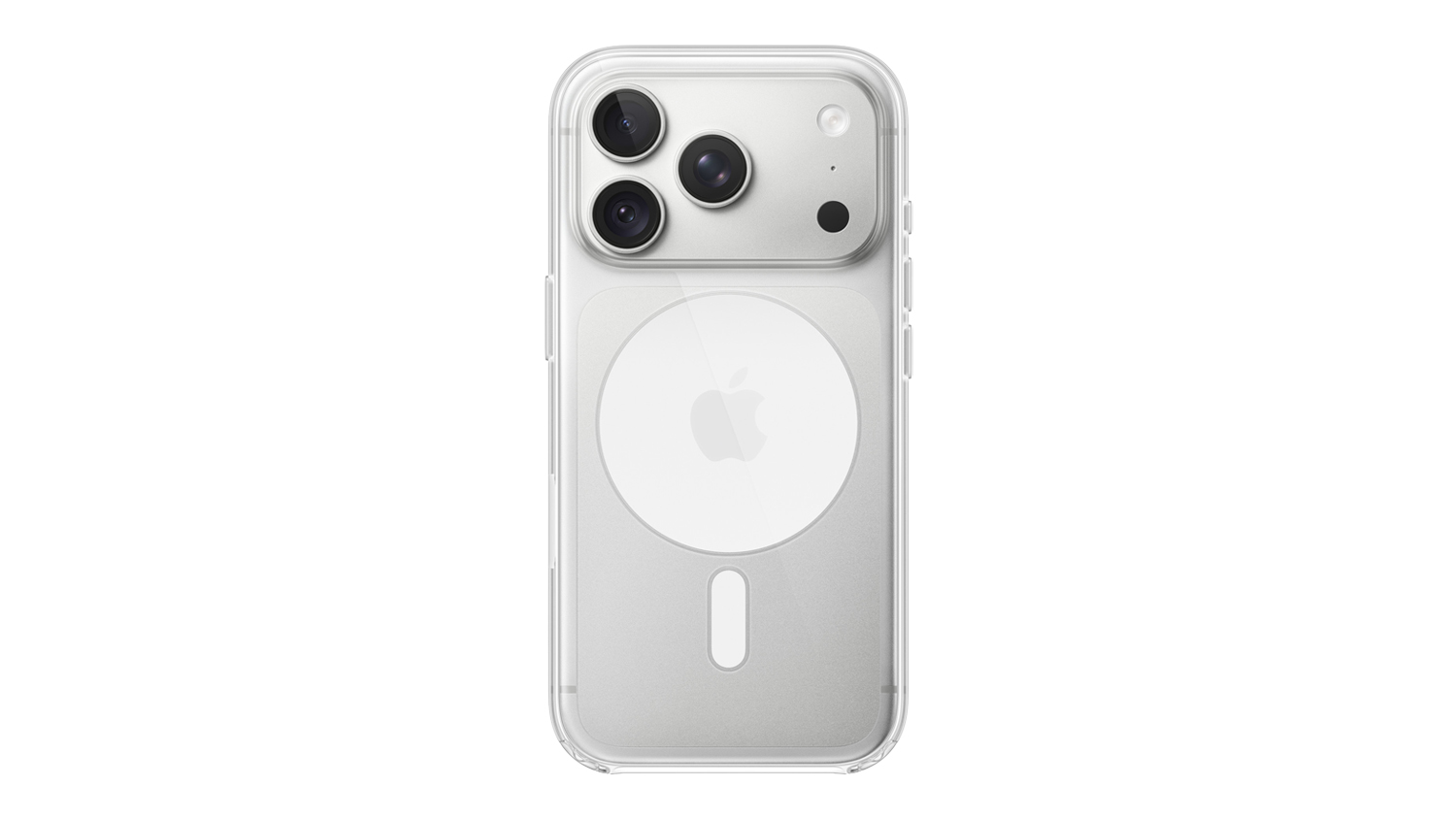 Rear view of a clear Apple Case with MagSafe for iPhone 18 Pro, featuring a transparent finish, camera cutout, and magnetic charging ring