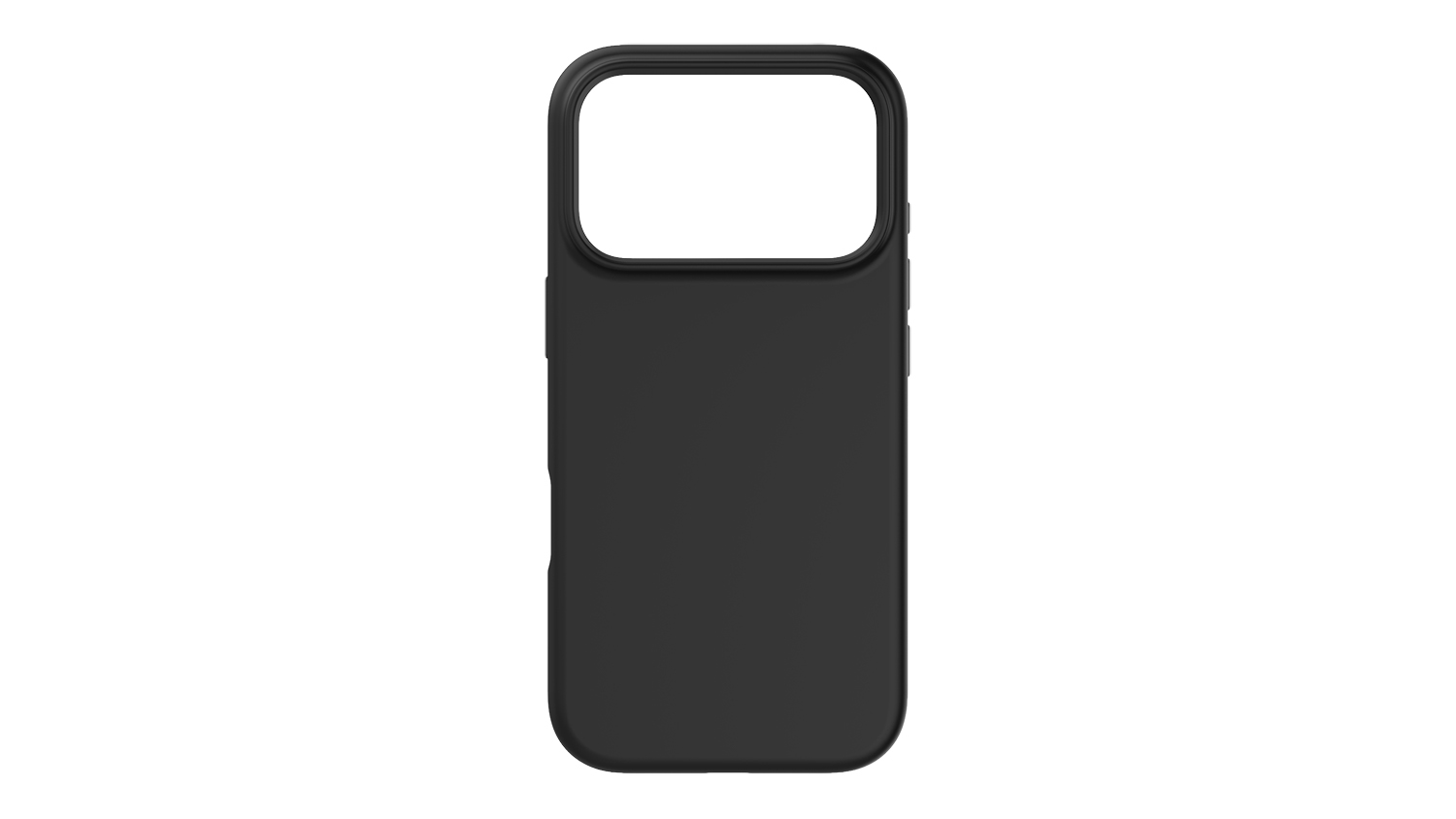 Front view of a black MagSafe-compatible phone case with an oversized camera cutout and smooth matte finish