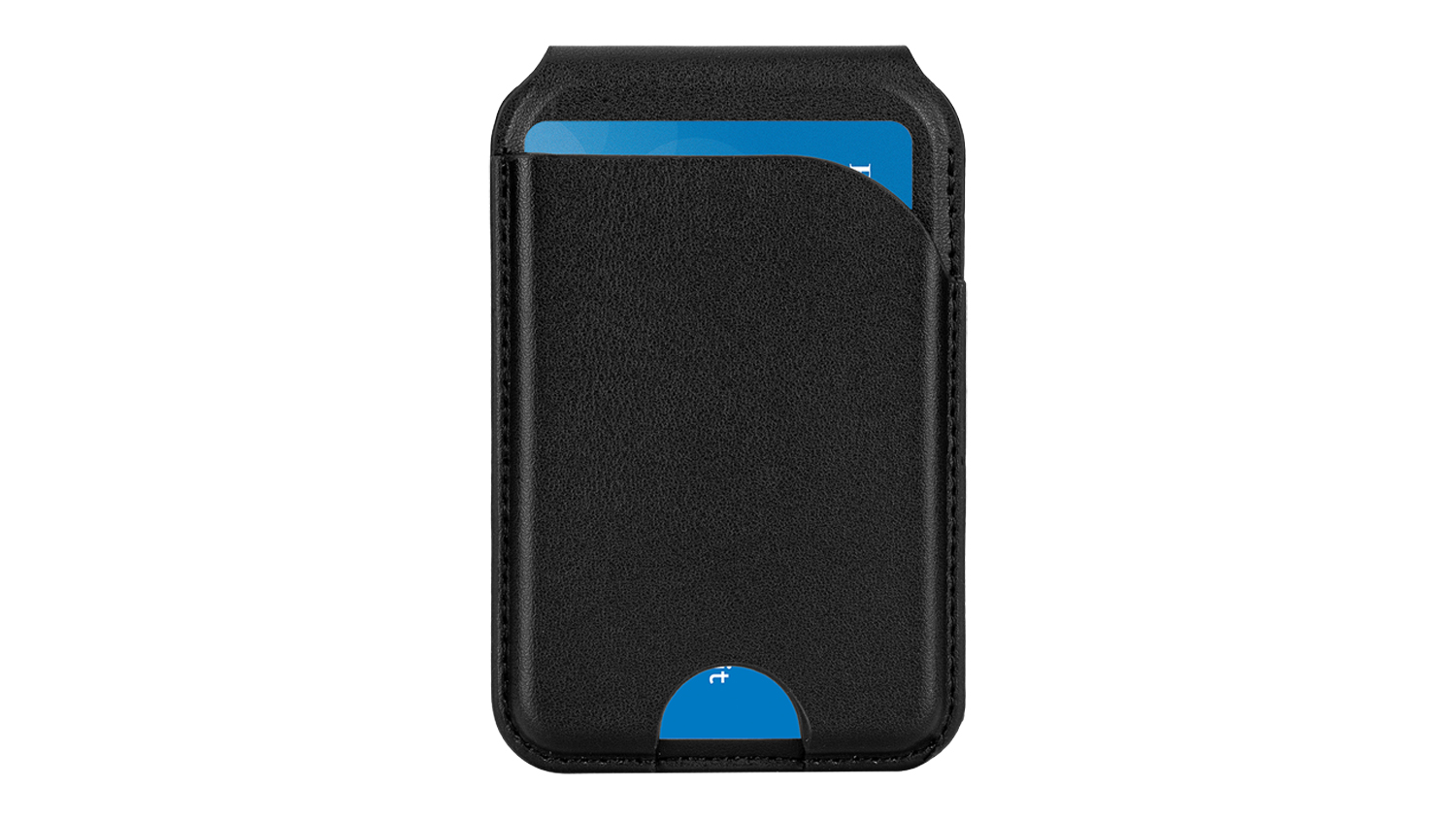 Front view of a black leather Mobling Wallet with Card Pocket Stand, featuring a curved card slot, visible blue card, and thumb access cutout