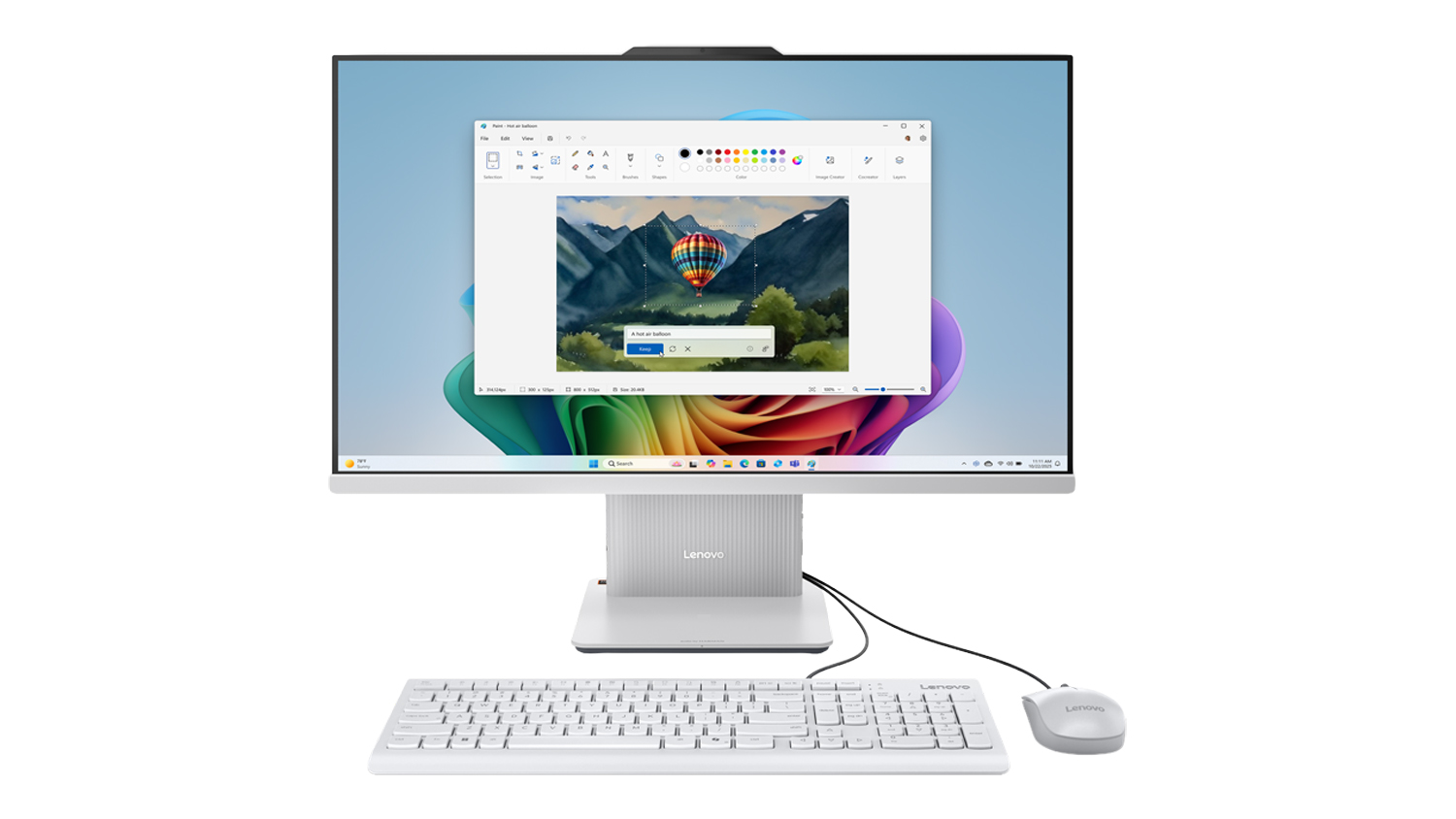 Front view of the Lenovo IdeaCentre all-in-one desktop in Cloud Grey with matching wireless keyboard and mouse