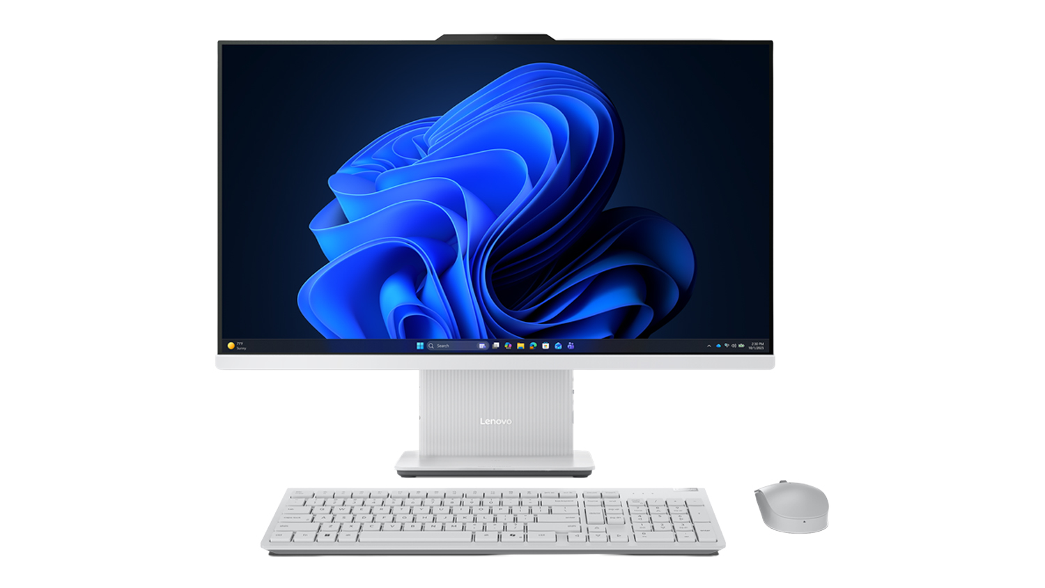 Front view of the Lenovo IdeaCentre 27-inch all-in-one desktop in Cloud Grey, with wireless keyboard and mouse