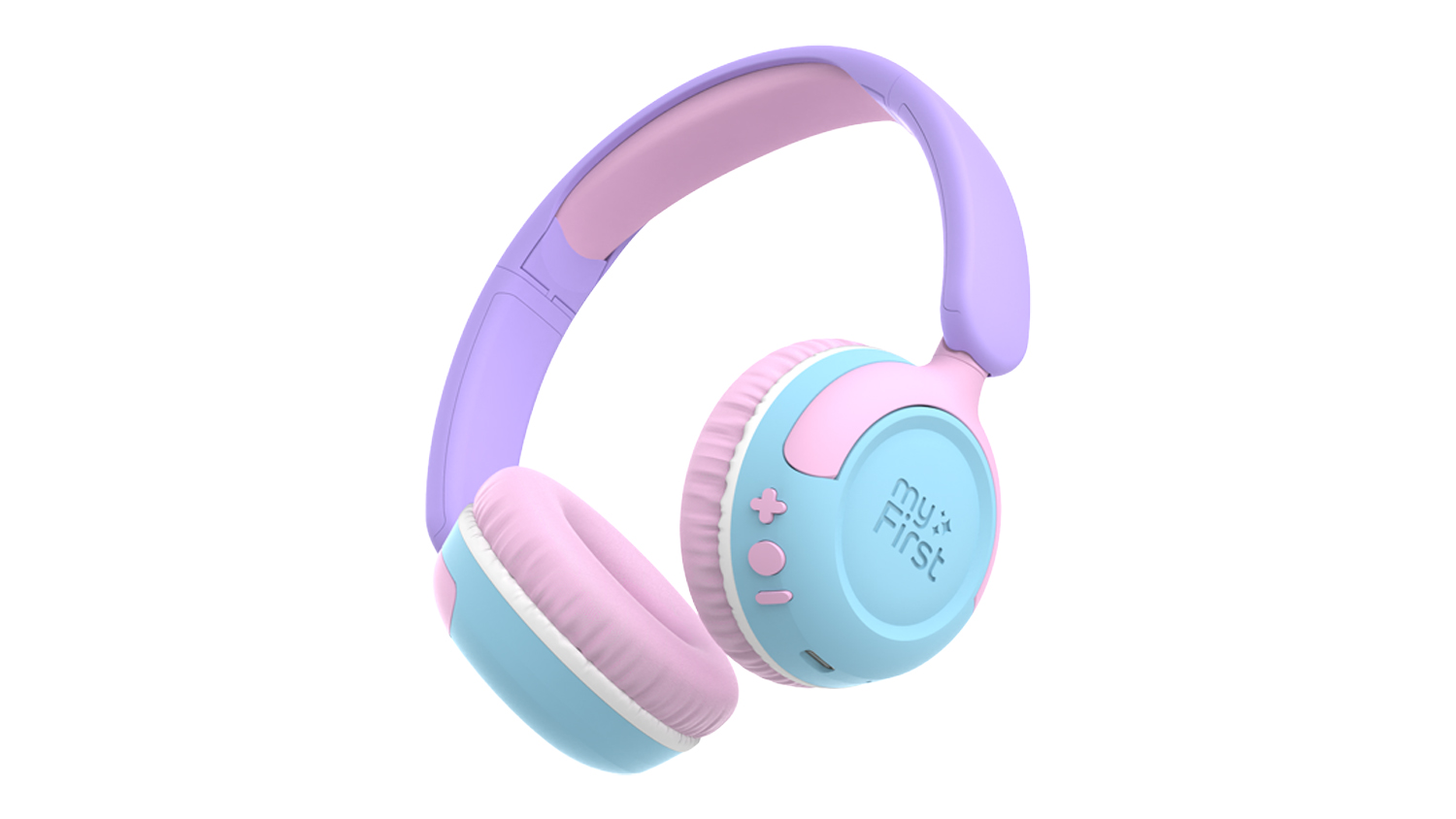 A cotton candy mix MyFirst CareBuds Max Wireless On-Ear Headphones with smooth leatherette ear cushions