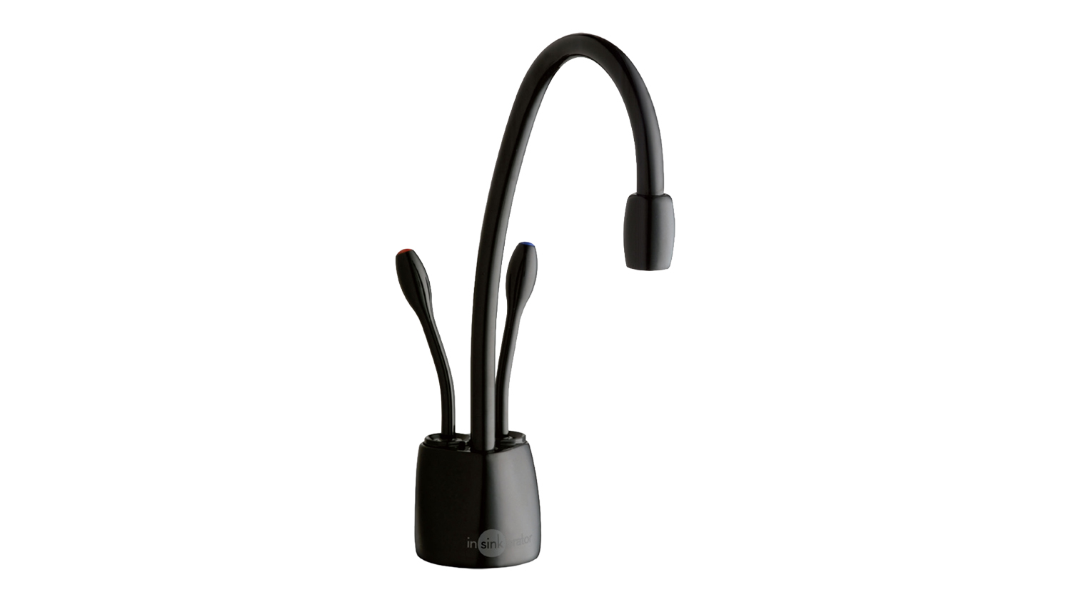 Matte black gooseneck drinking water tap with curved spout and dual lever handles