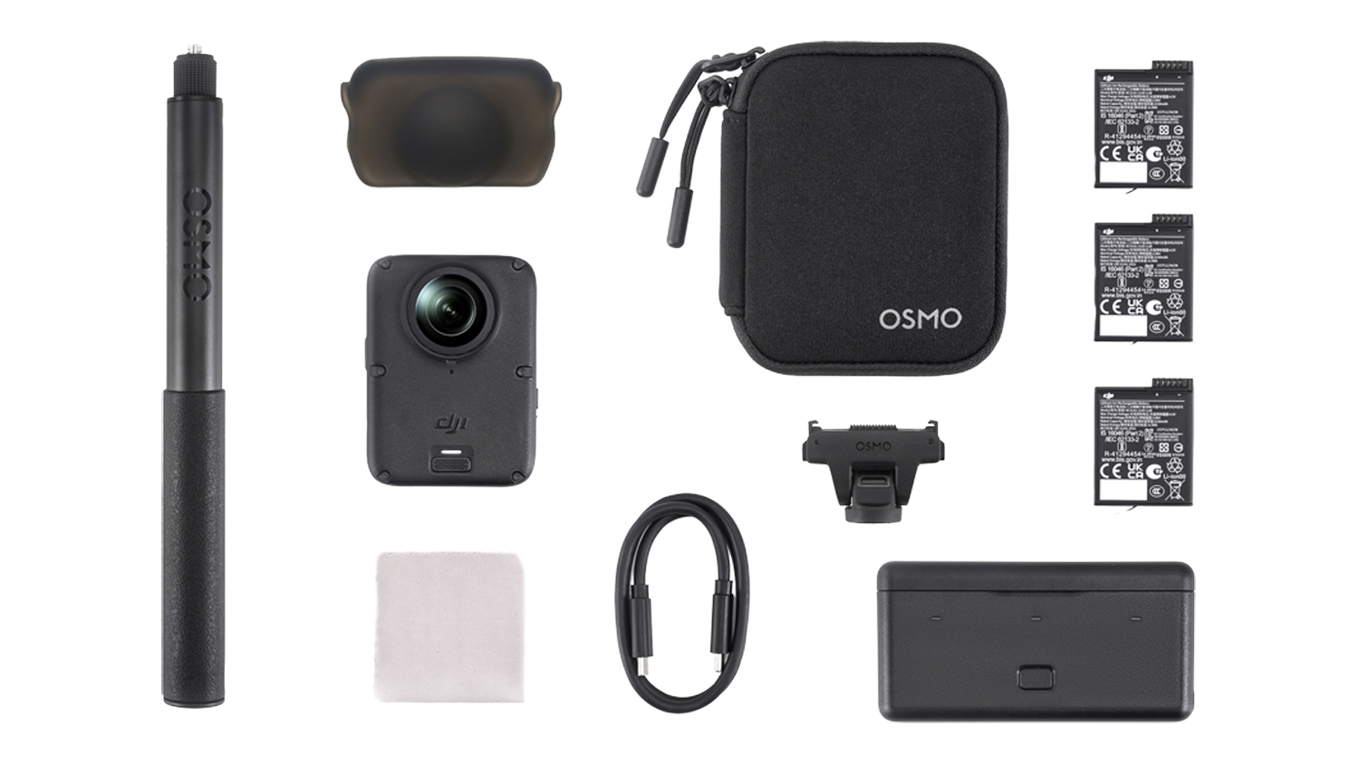 DJI Osmo 360 adventure combo with selfie stick, carrying case, batteries and charging accessories