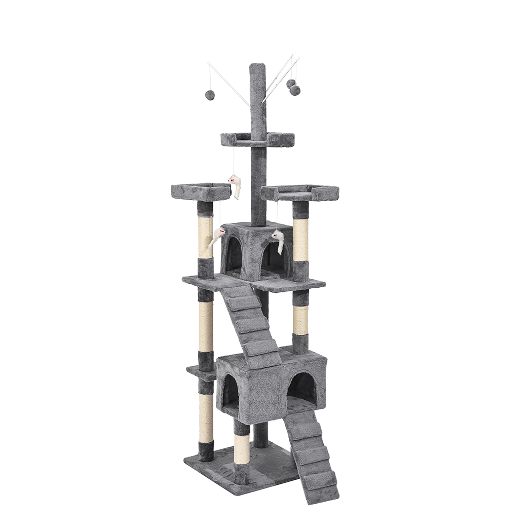 Front view of a grey PaWz Deluxe Cat Tower with Cubbies and Sisal Posts, featuring two condos, climbing ramps, plush platforms, and dangling toy balls