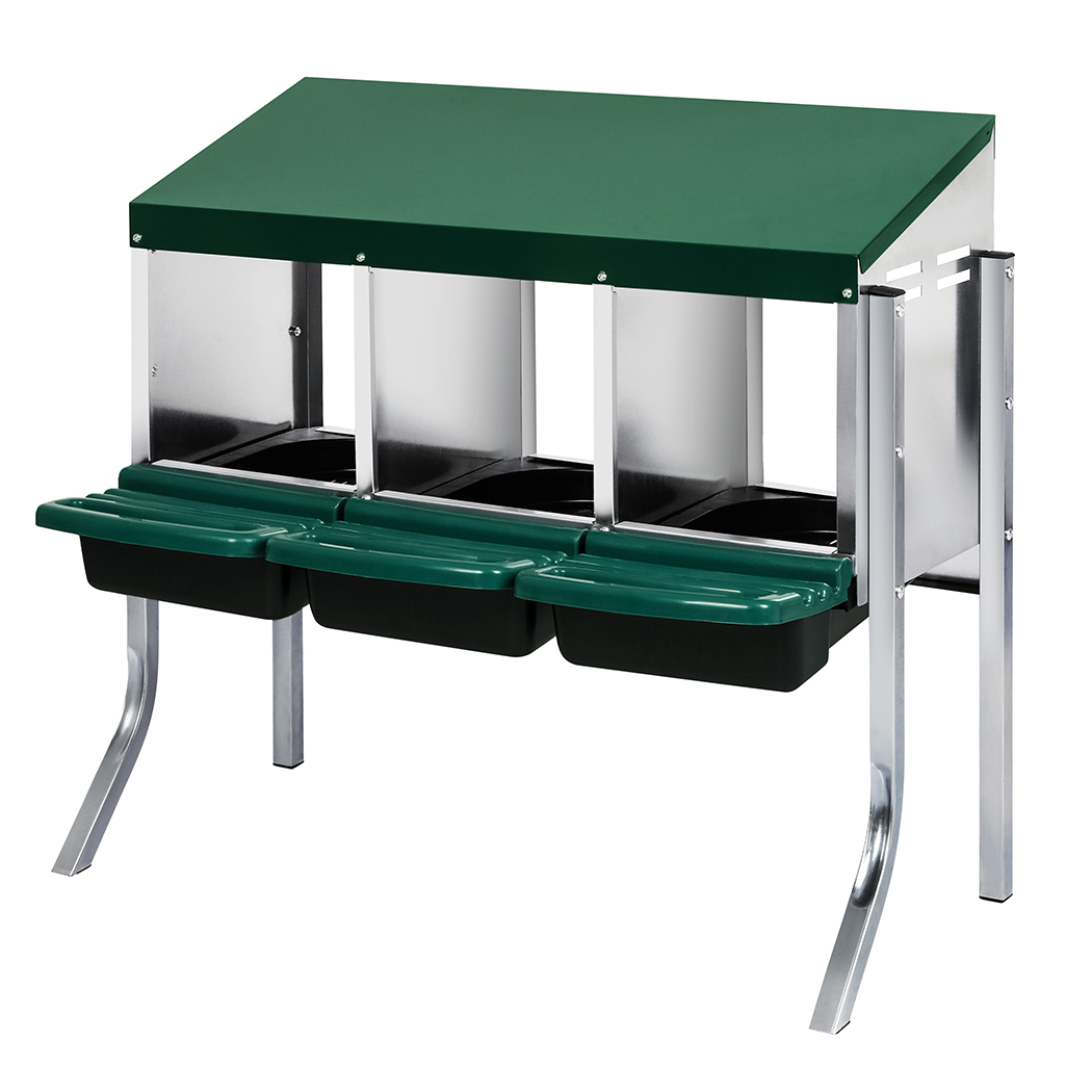 Angled view of a green metal PaWz 3-Cubby Poultry Nesting Coop with three covered nesting trays and a silver galvanised frame