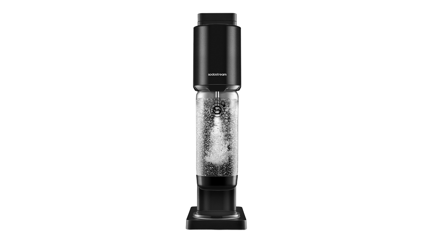 Front view of a black SodaStream Fresh Sparkling Water Maker with a clear carbonating bottle and visible bubbles