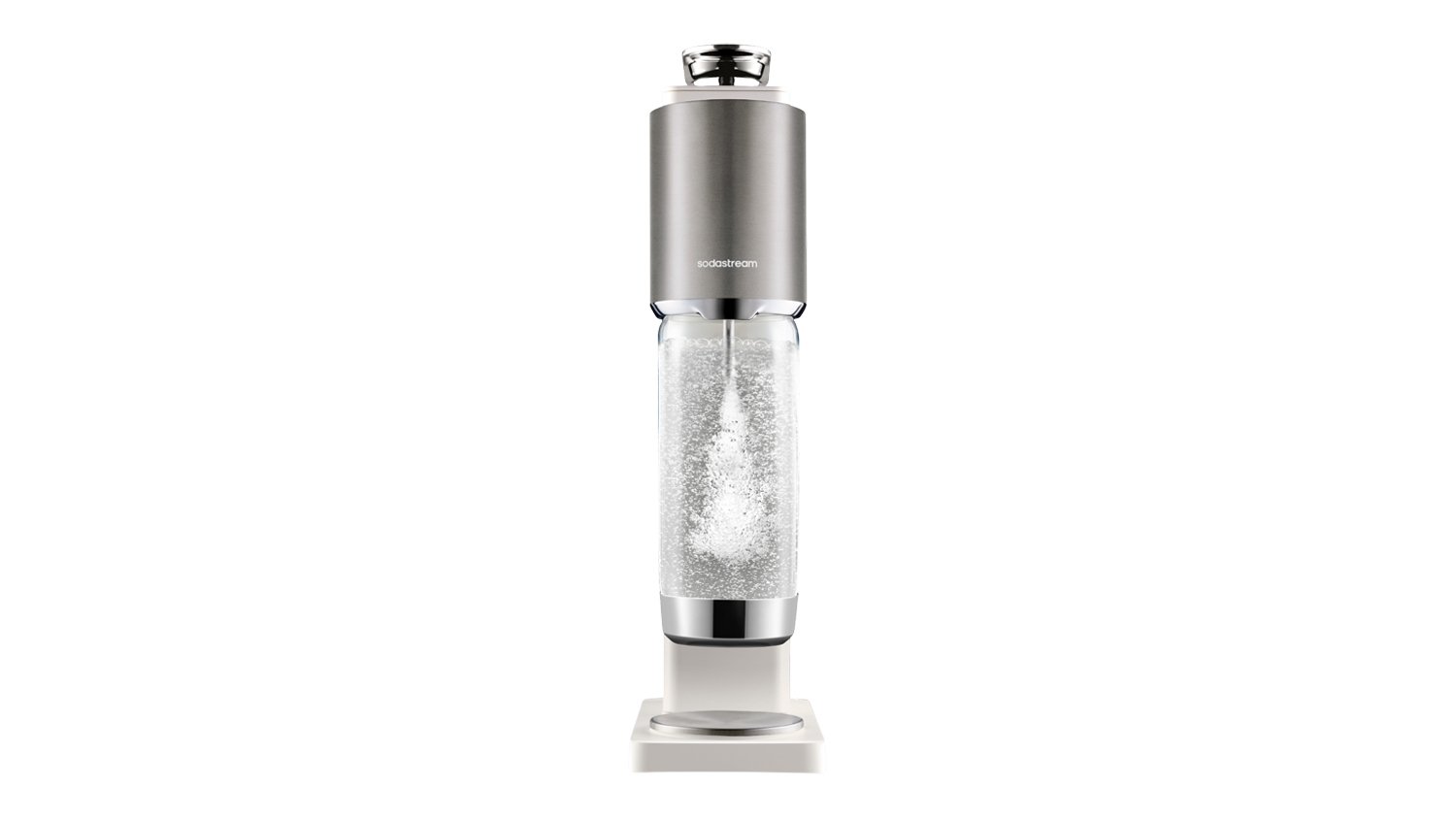 Front view of a warm white and silver SodaStream sparkling water maker with carbonating bottle and bubbling water