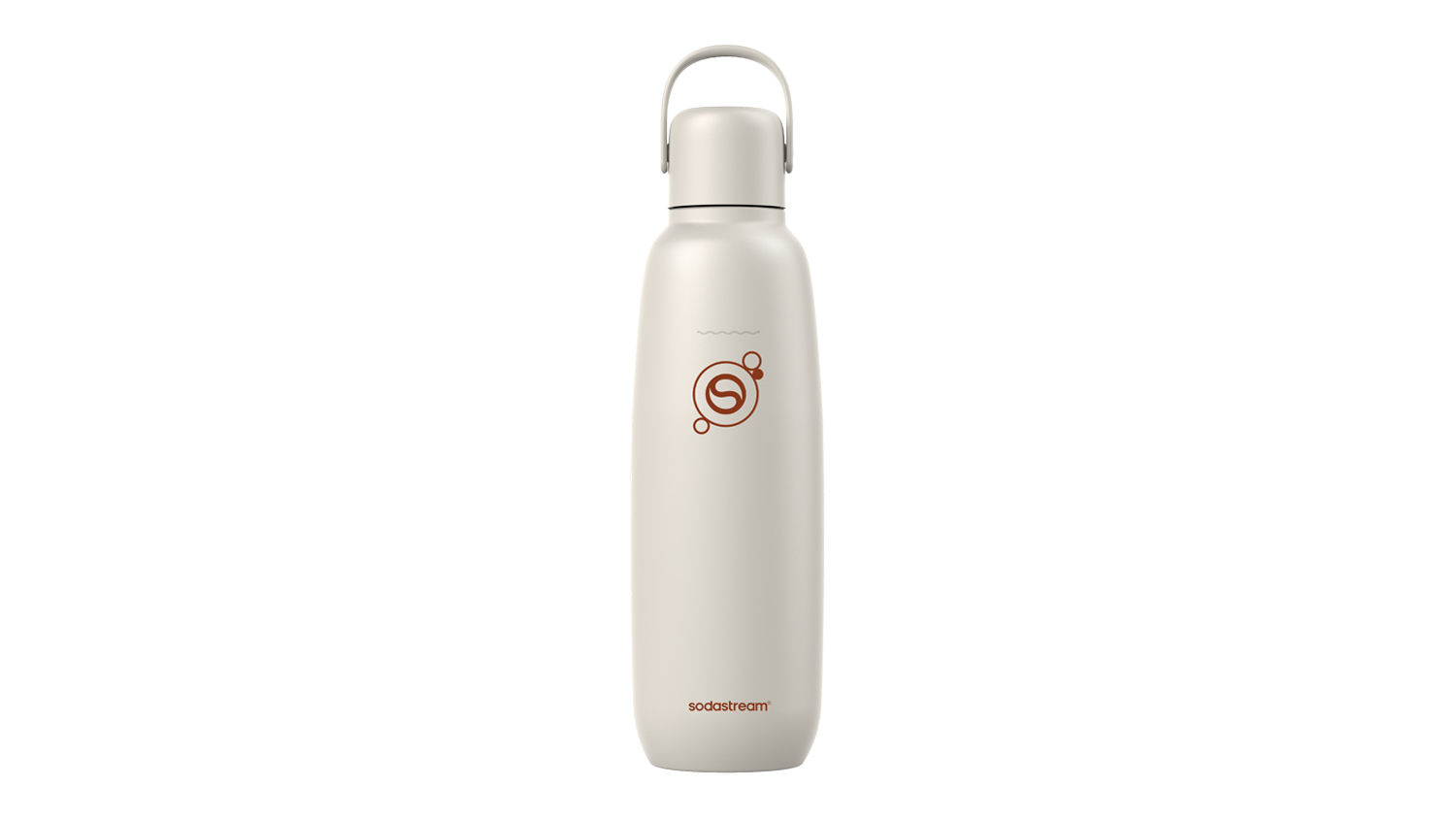 Front view of a sand SodaStream Fizz & Go stainless steel bottle with a carry loop lid and matte finish