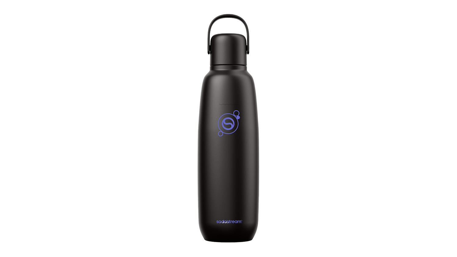 Front view of a black SodaStream 900ml Fizz & Go Insulated Stainless Steel Bottle with carry handle and matte finish