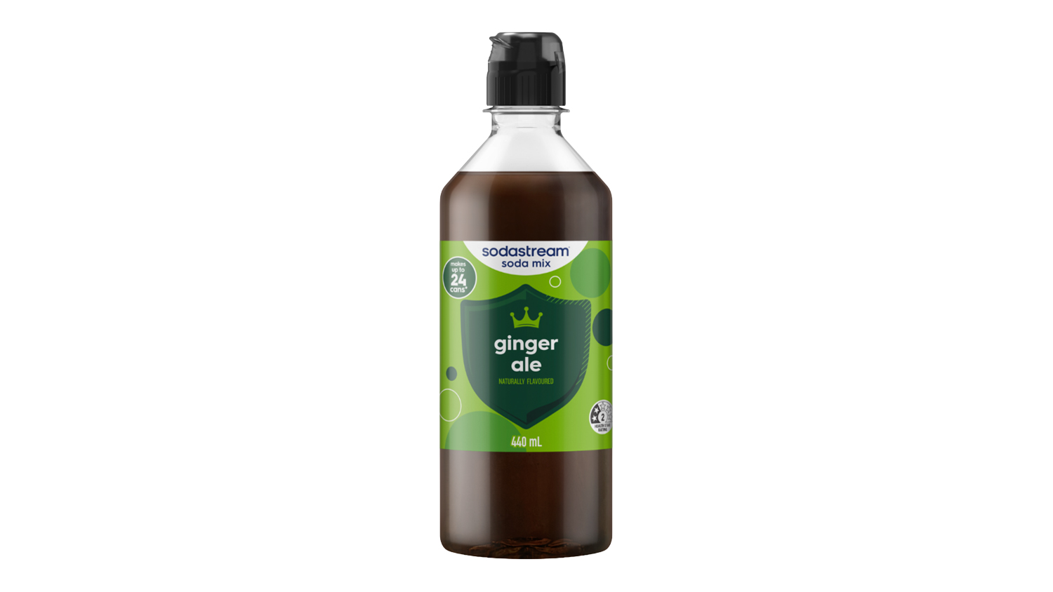 Front view of a SodaStream Ginger Ale Syrup Soda Mix bottle with a green label, black cap, and 440mL concentrate