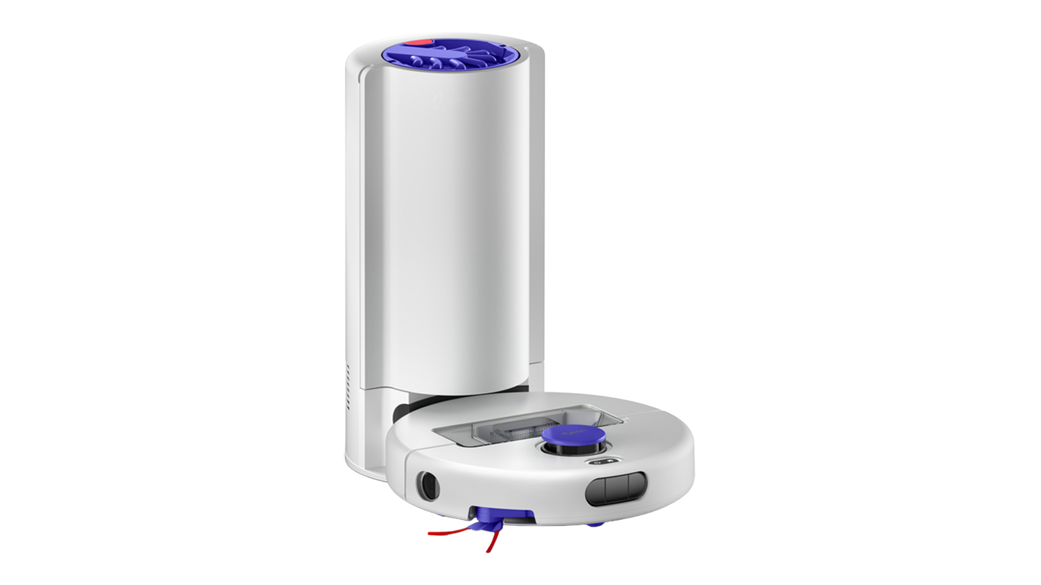 Front-angled view of a light grey Dyson R1 Nurovi Dry Robotic Vacuum Cleaner with Auto Dust-Emptying Docking Station, showing purple controls and onboard sensors