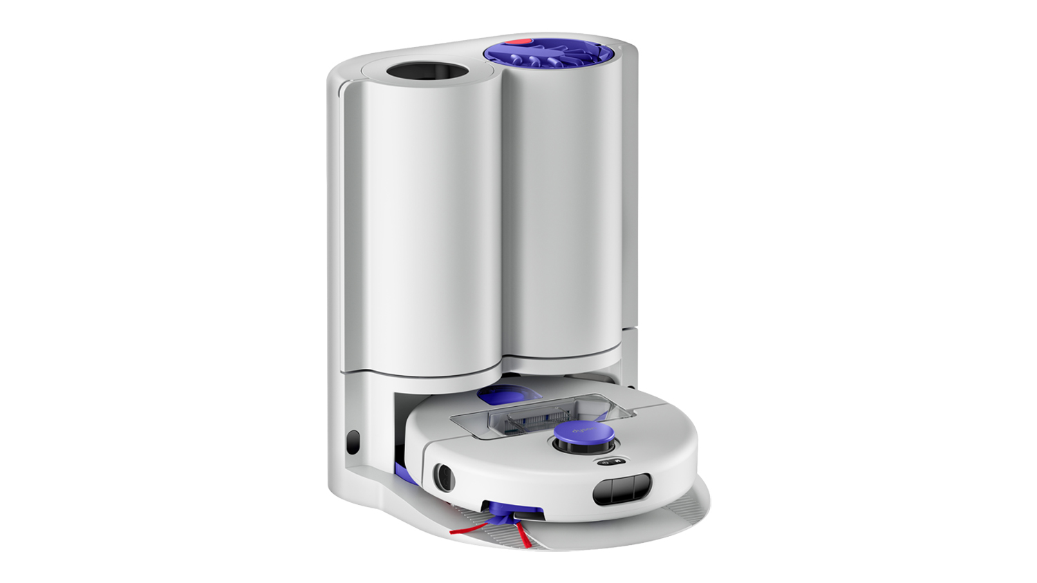 Front angled view of a light grey Dyson R2 Nurovi Wash+Dry Robotic Vacuum Cleaner & Mop, featuring Vinca Blue accents, red side brushes, and a multi-functional docking station for auto-dust emptying, mop washing, and drying