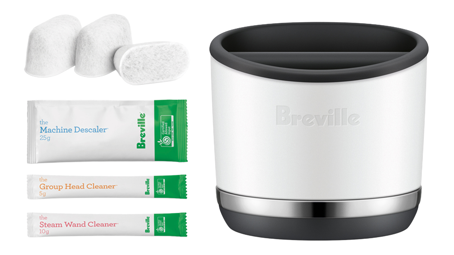 Breville Espresso Starter Pack with knock box, water filters, and cleaning powder packets