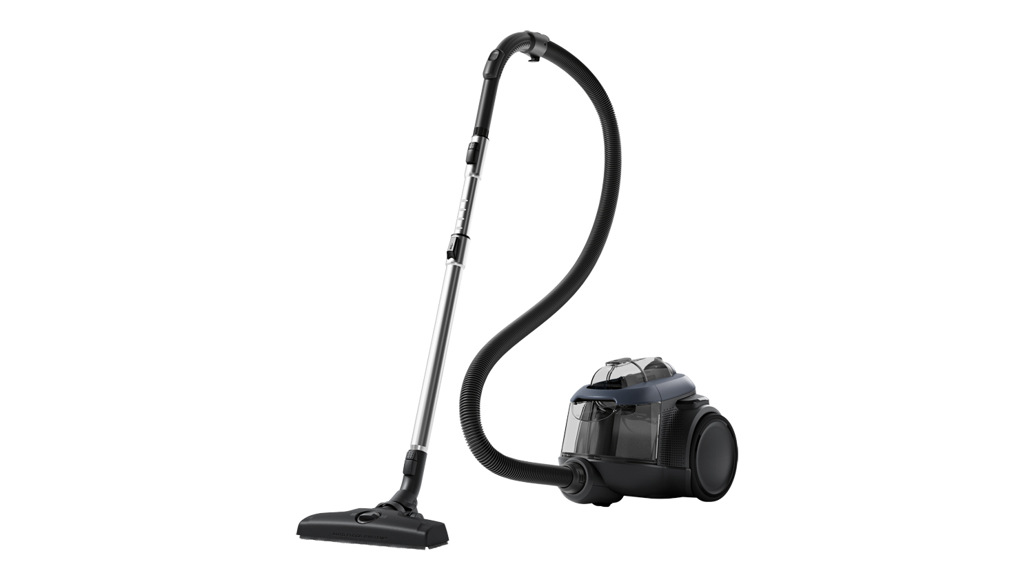 Angled view of an Electrolux UltimateHome 700 Canister Bagless Vacuum Cleaner in dark blue and black with hose, wand, and floor head