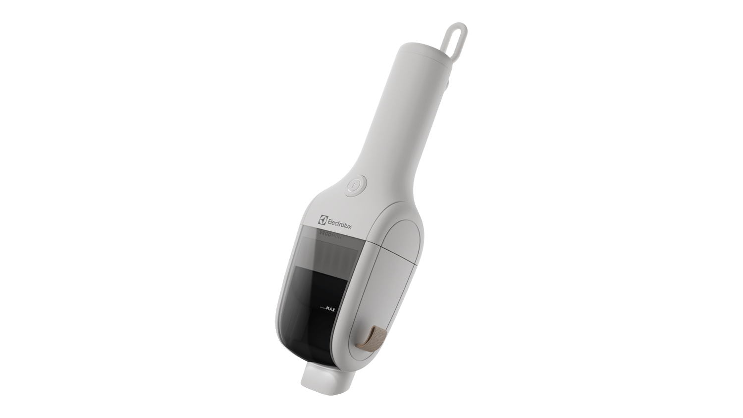 Front angled view of a shell-white Electrolux ErgoMini Cordless Handheld Vacuum Cleaner with a transparent dustbin and hanging loop