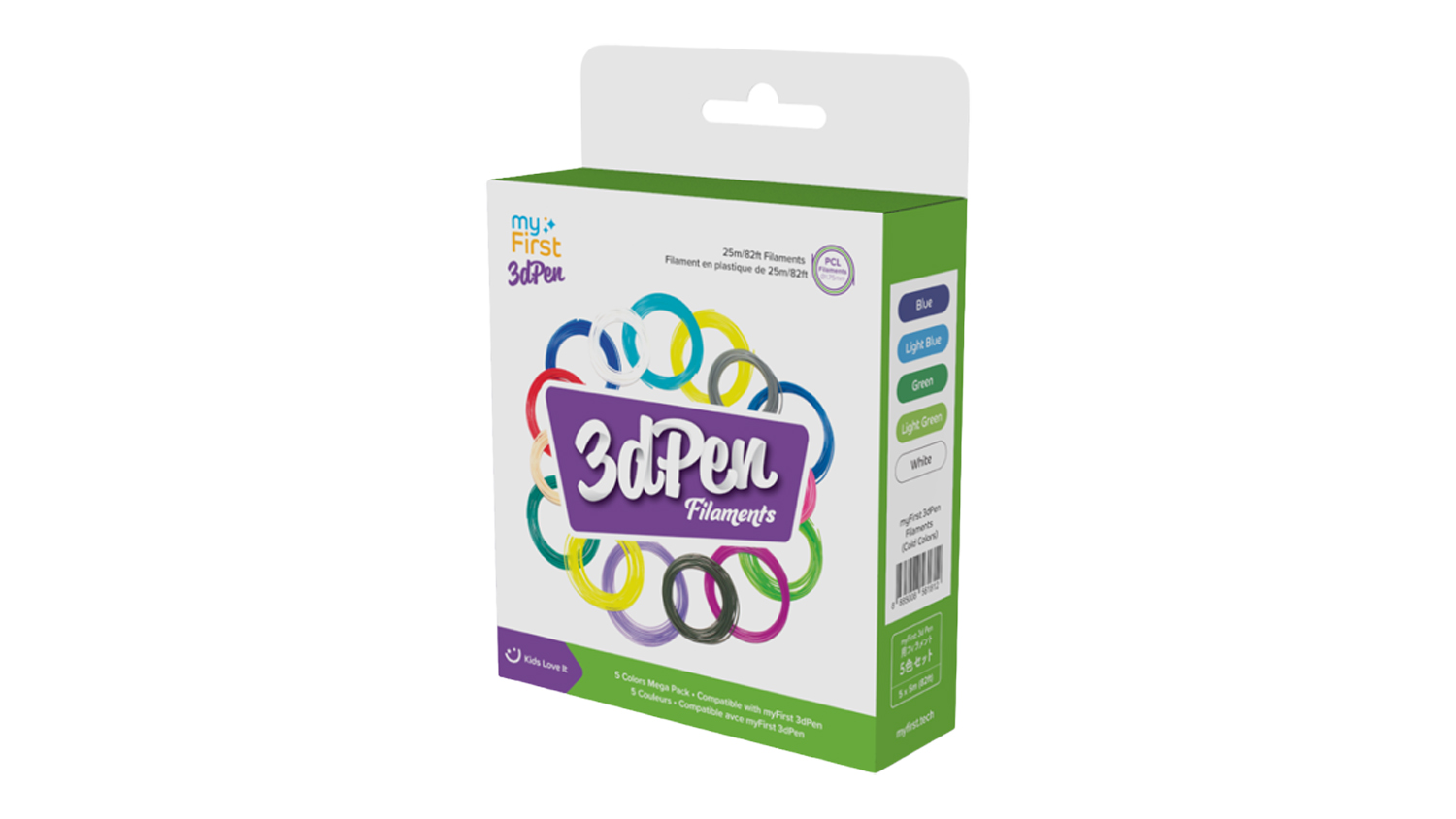 Front view of myFirst 3D Pen filament refill pack in Cold Colours with 5-colour specifications