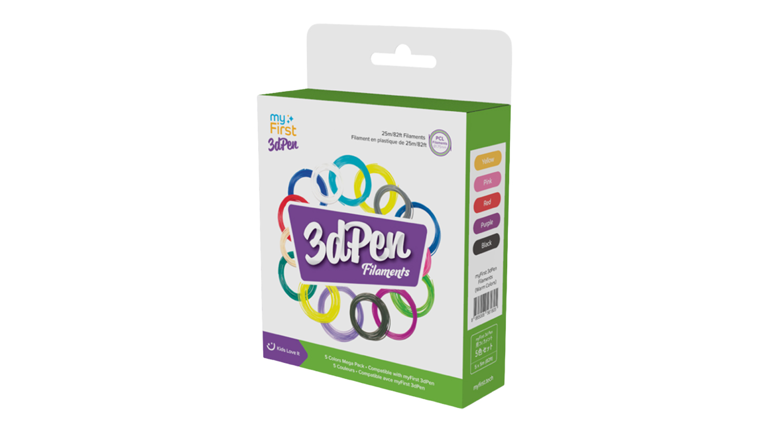 Front view of myFirst 3D Pen filament refill pack in Warm Colours with 5-colour specifications